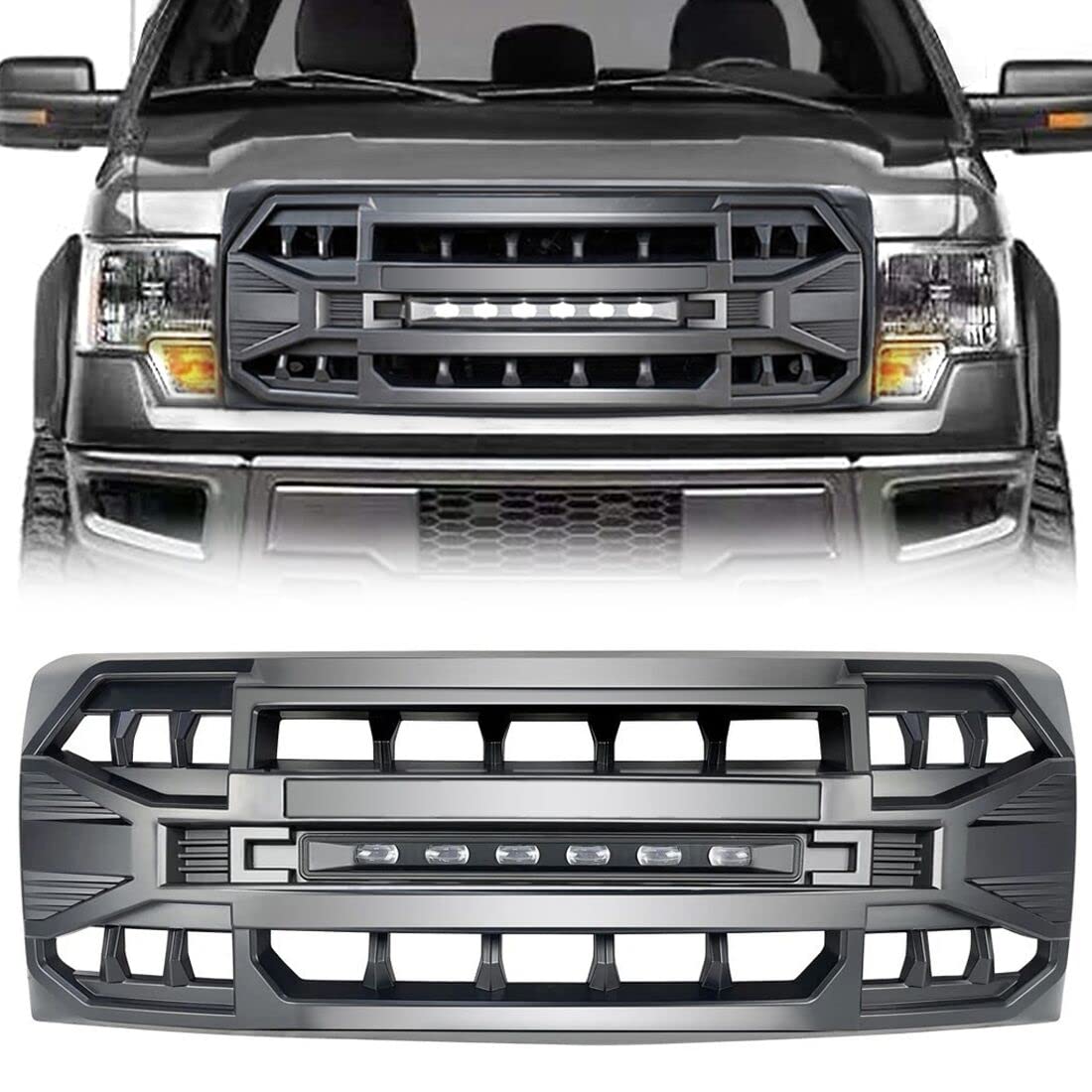 2009-2014 Ford F150 Matte Black Front Bumper Grille Replacement with Off-Road Lights | Heavy Duty Truck Accessory for Off-Roading & Daily Driving