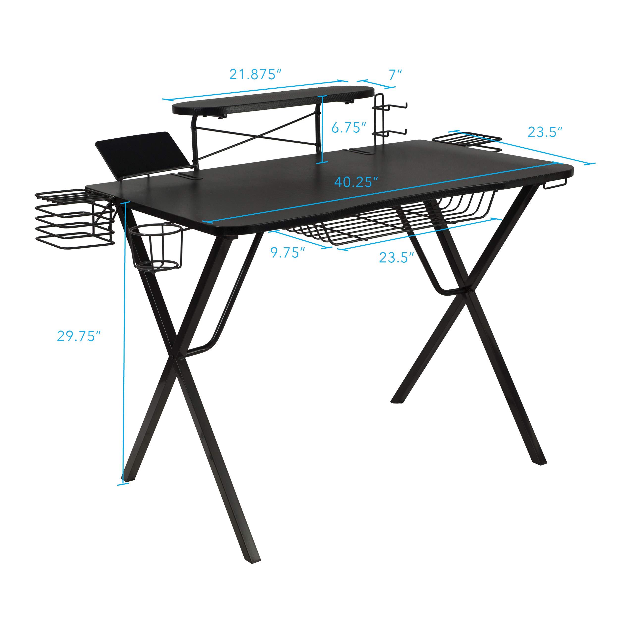 Atlantic Gaming Desk with Carbon-Fiber Desktop, X-Legs & Monitor Stand - Ergonomic Computer Desk for PC Gamers with Phone Holder & Speaker Stands (Black) - Perfect for Streaming, Esports & Home Office Setup