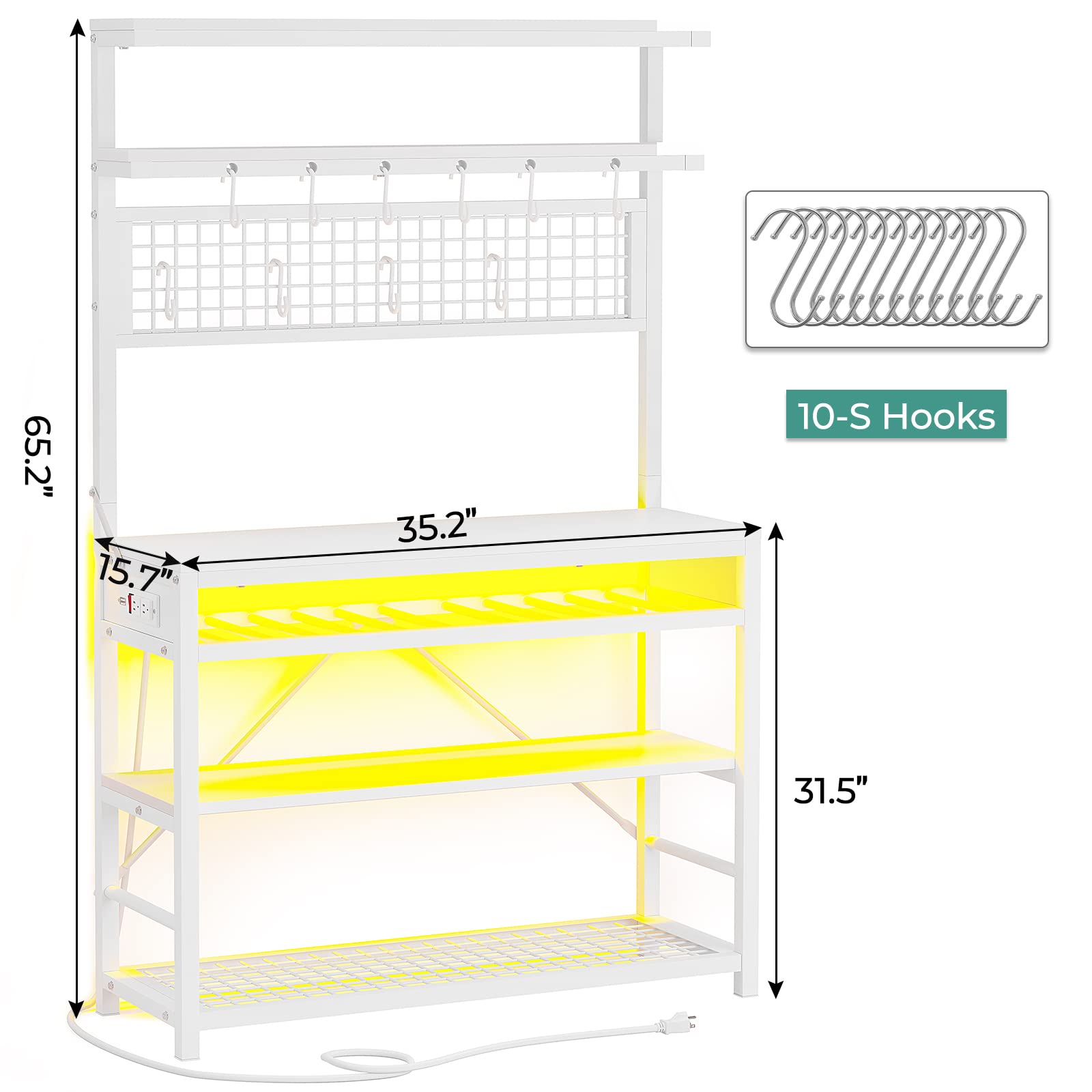 6-Tier Itaar Bakers Rack with Power Outlet & LED Lights - Kitchen Coffee Bar, Microwave Stand with Wine Rack & 10 Hooks - White Storage Shelf for Small Spaces, Apartments & Home Organization