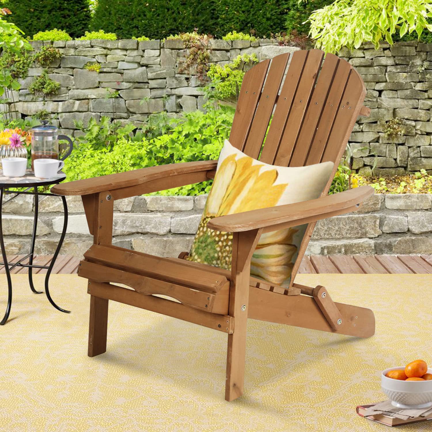 Folding Adirondack Chair Outdoor Patio Furniture - Weather Resistant Wooden Accent Lounger with Arms - Perfect for Garden, Backyard, Deck & Poolside Relaxation (Natural, 1-Piece)