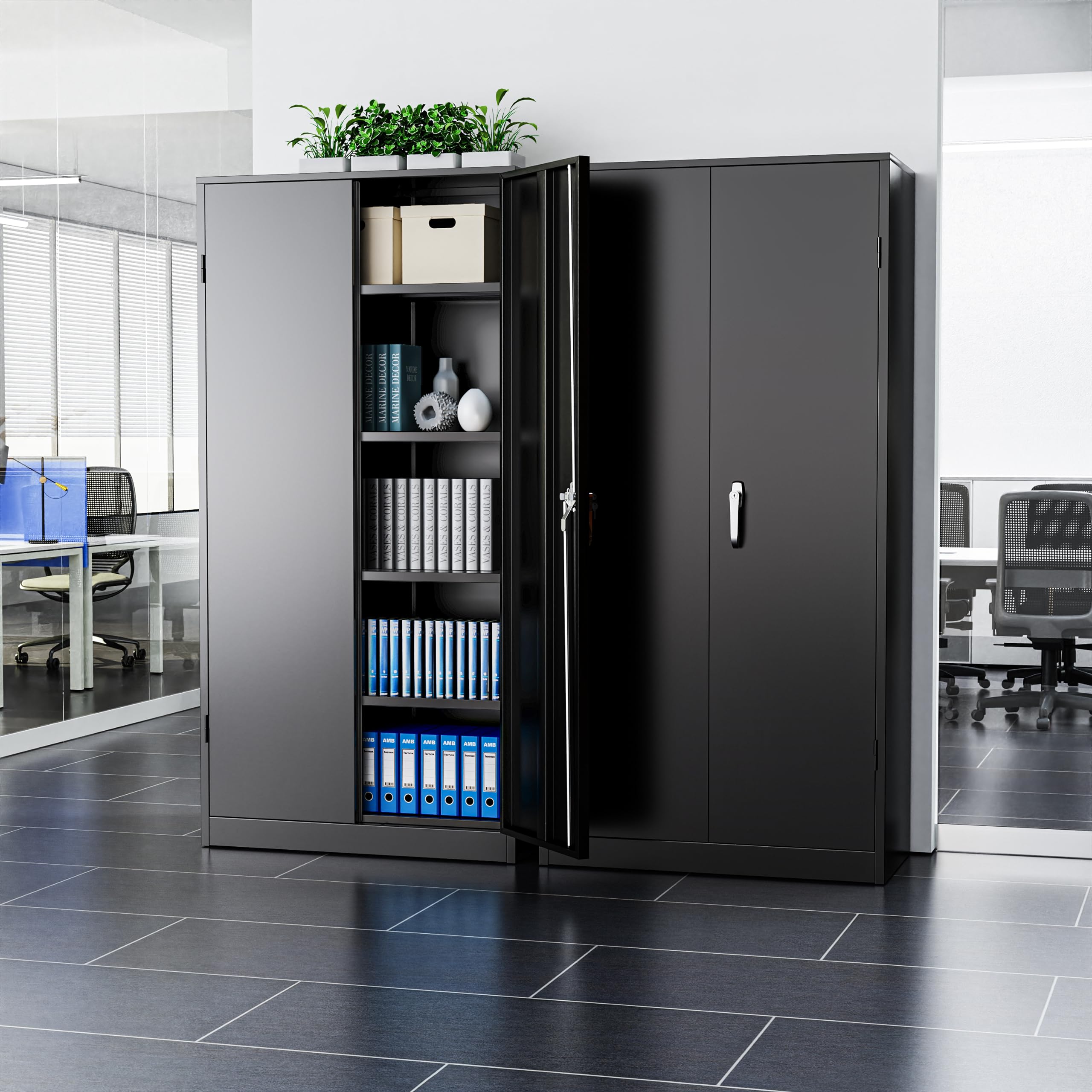 INTERGREAT Metal Storage Cabinet with Lock - Black Steel Garage & Home Office Cabinet with Doors & Shelves - Secure Supply Storage for Warehouse, Garage, Office & Workshop Organization