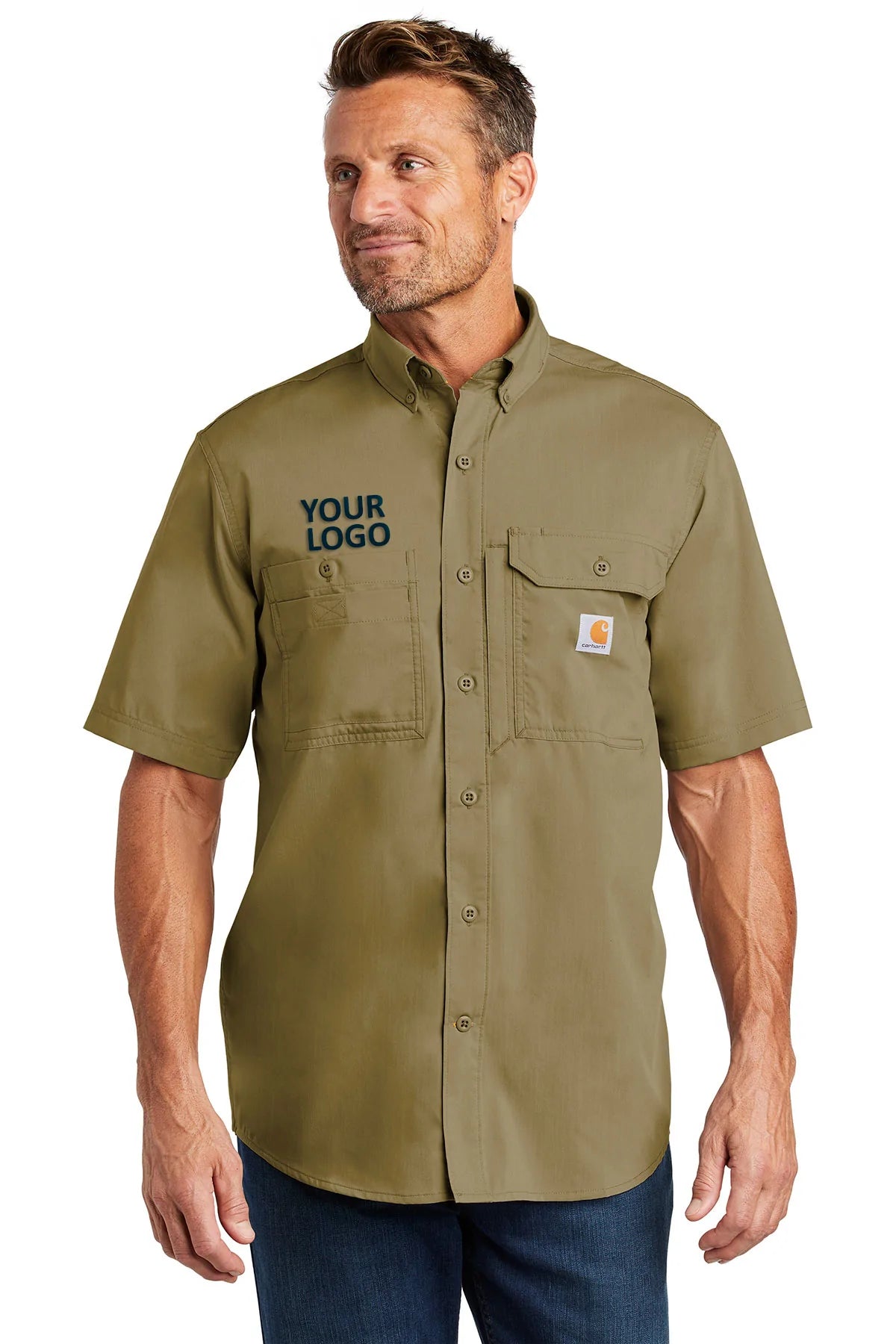Carhartt Force Ridgefield Solid Custom Work Shirts for Men - Durable Dark Khaki Cotton Shirt for Construction, Outdoor & Casual Wear