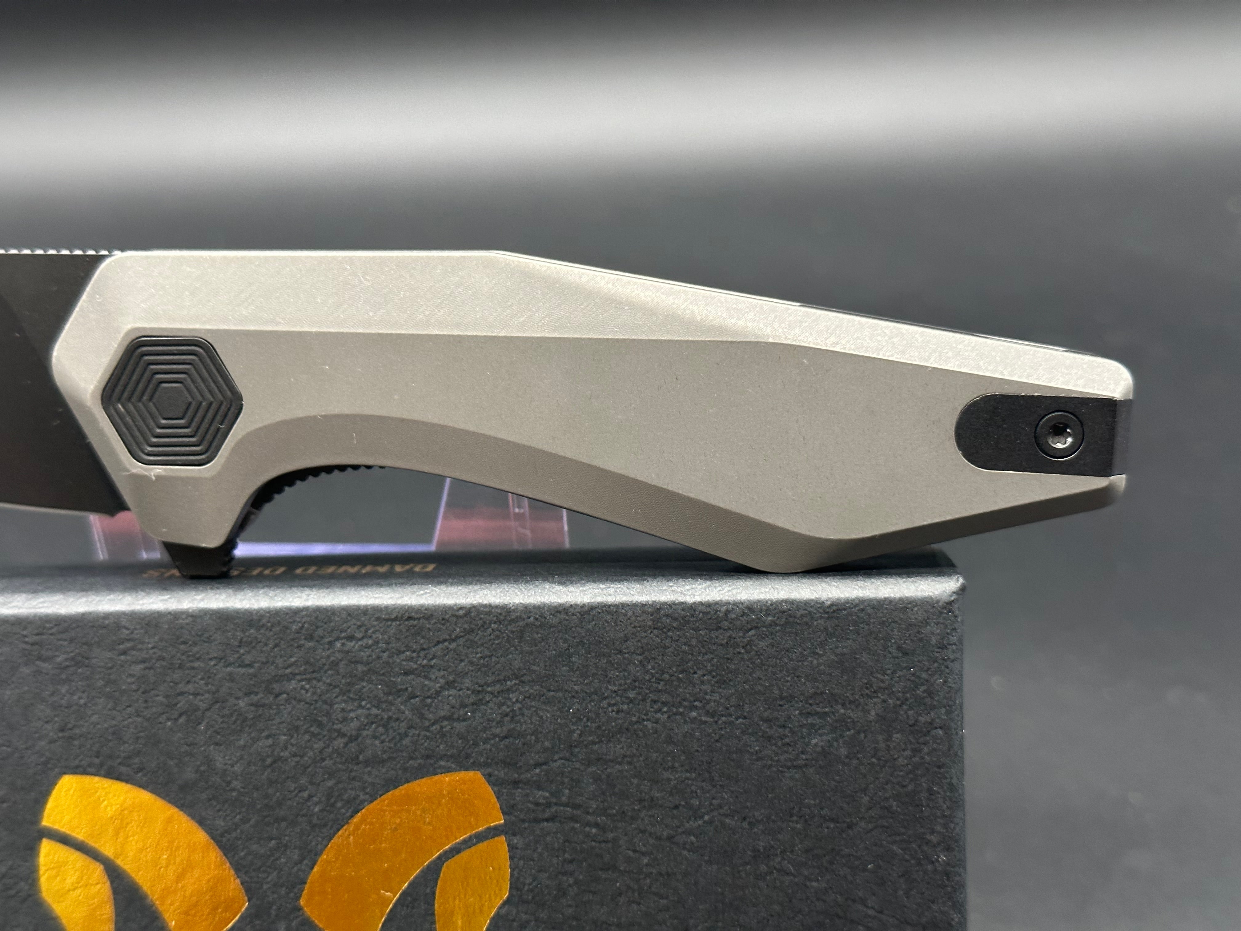 Damned Designs Fenrir Stonewash Titanium Reverse Tanto Knife - Black CPM S35VN Steel Blade - EDC, Outdoor Camping, Survival Gear, Tactical Tool