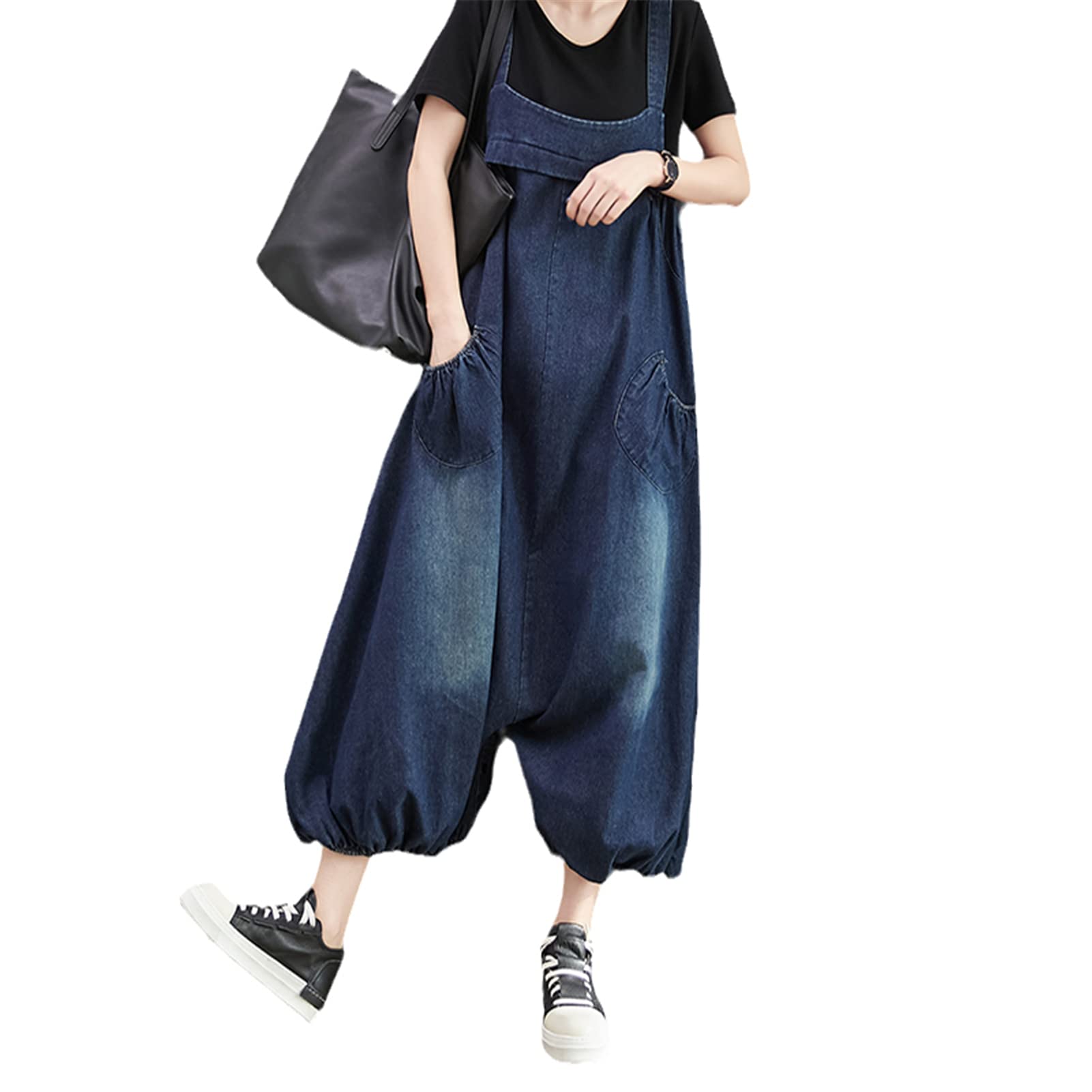Women's Vintage Denim Romper - Sleeveless Loose Fit Jeans Jumpsuit Overalls in Blue | Casual Summer Outfit, Beach Wear & Boho Fashion