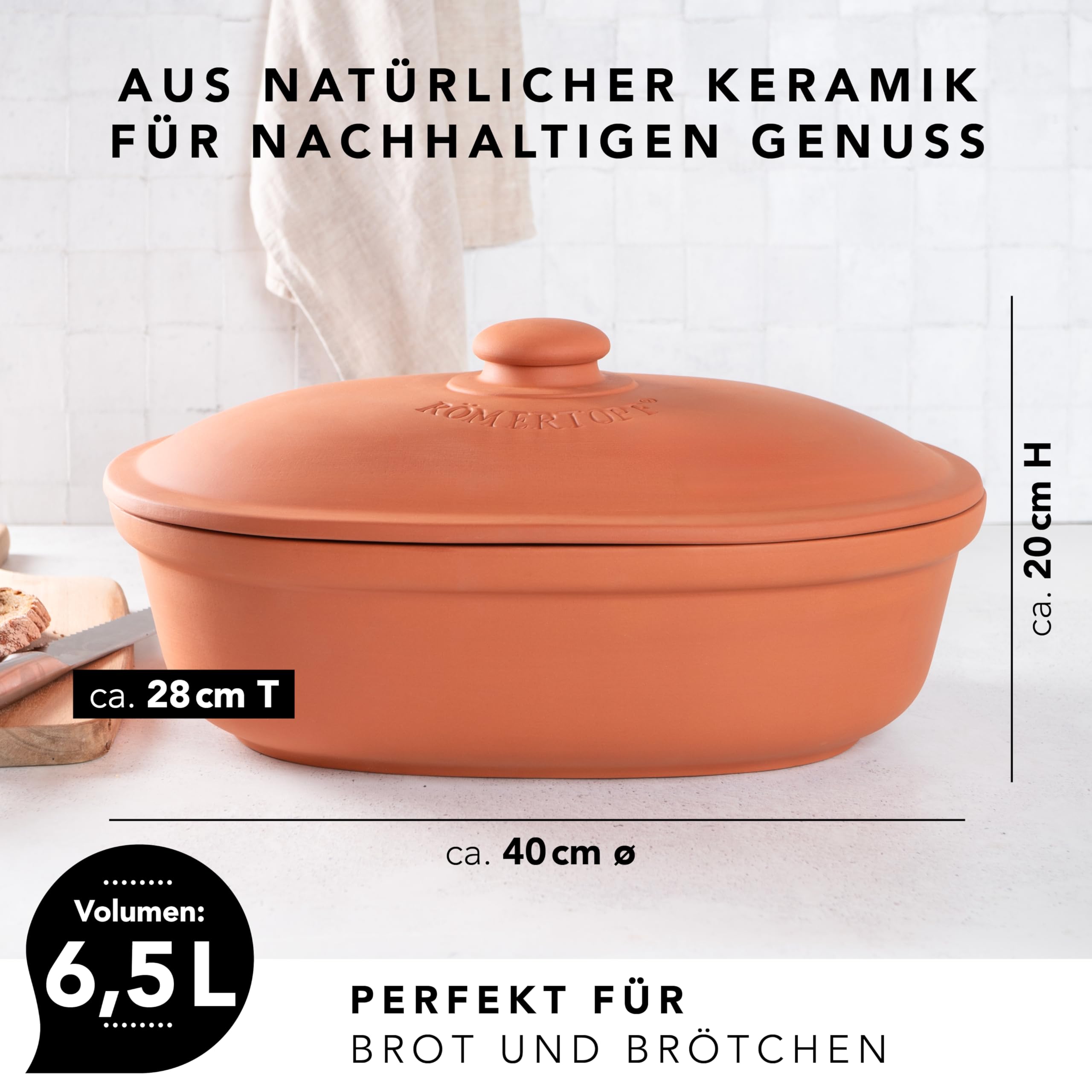 Romertopf Oval Ceramic Bread Keeper | Natural Terracotta Bread Storage Pot for Freshness - 15.7
