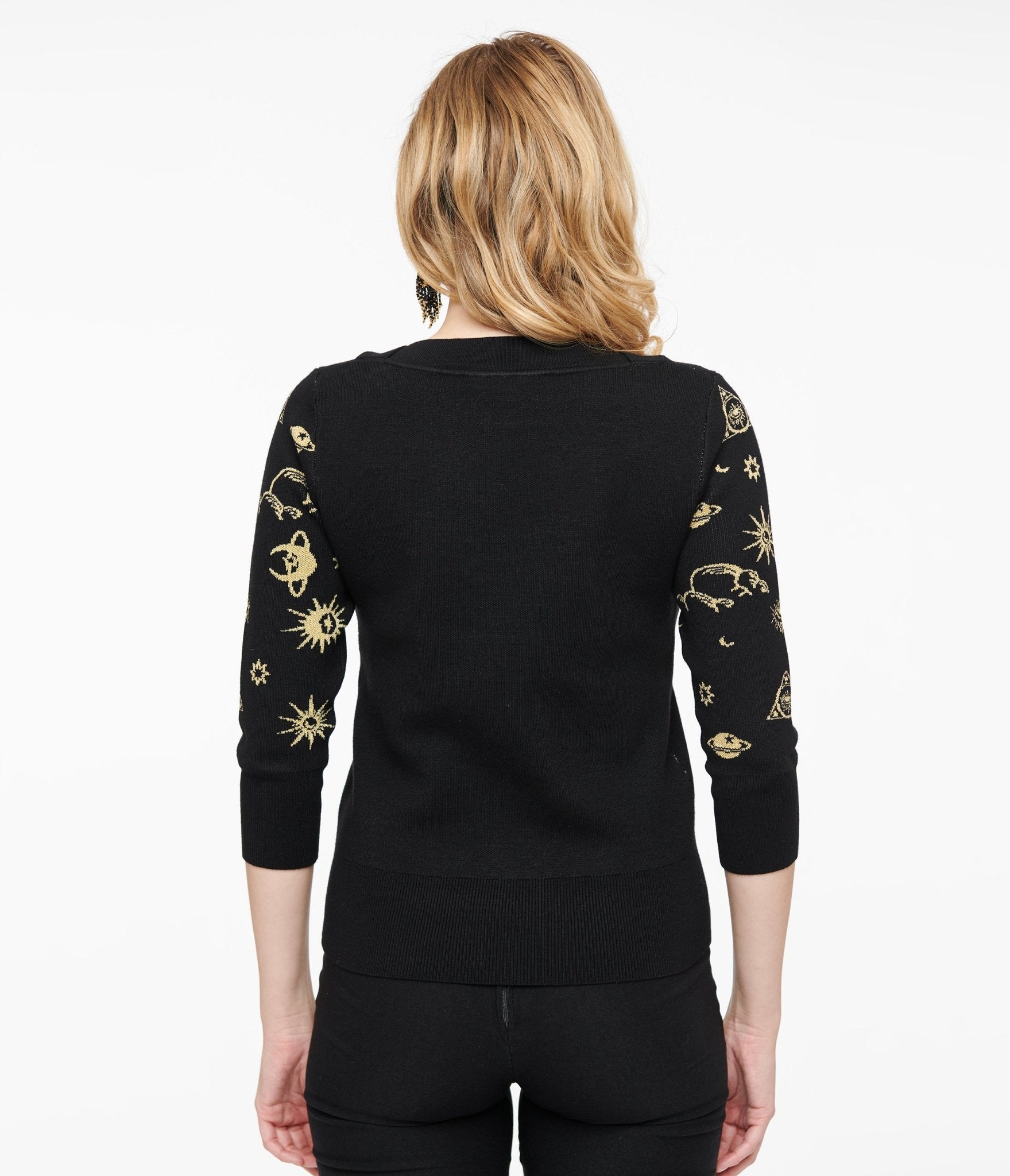 Vintage 1950s Black & Gold Celestial Print Sweater - Retro Knit Pullover for Women - Perfect for Holiday Parties & Cozy Winter Fashion