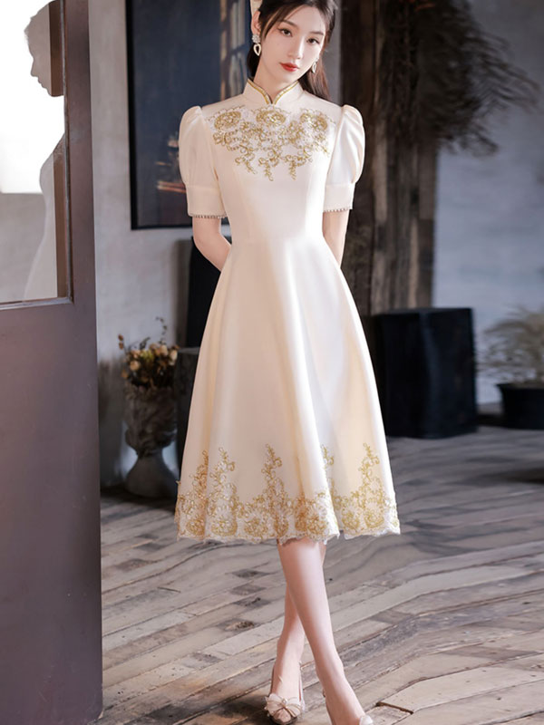 Elegant Appliques Midi A-Line Puff Sleeve Cheongsam Prom Dress for Women - Vintage Chinese Qipao Style Evening Gown for Homecoming, Cocktail Parties & Special Occasions
