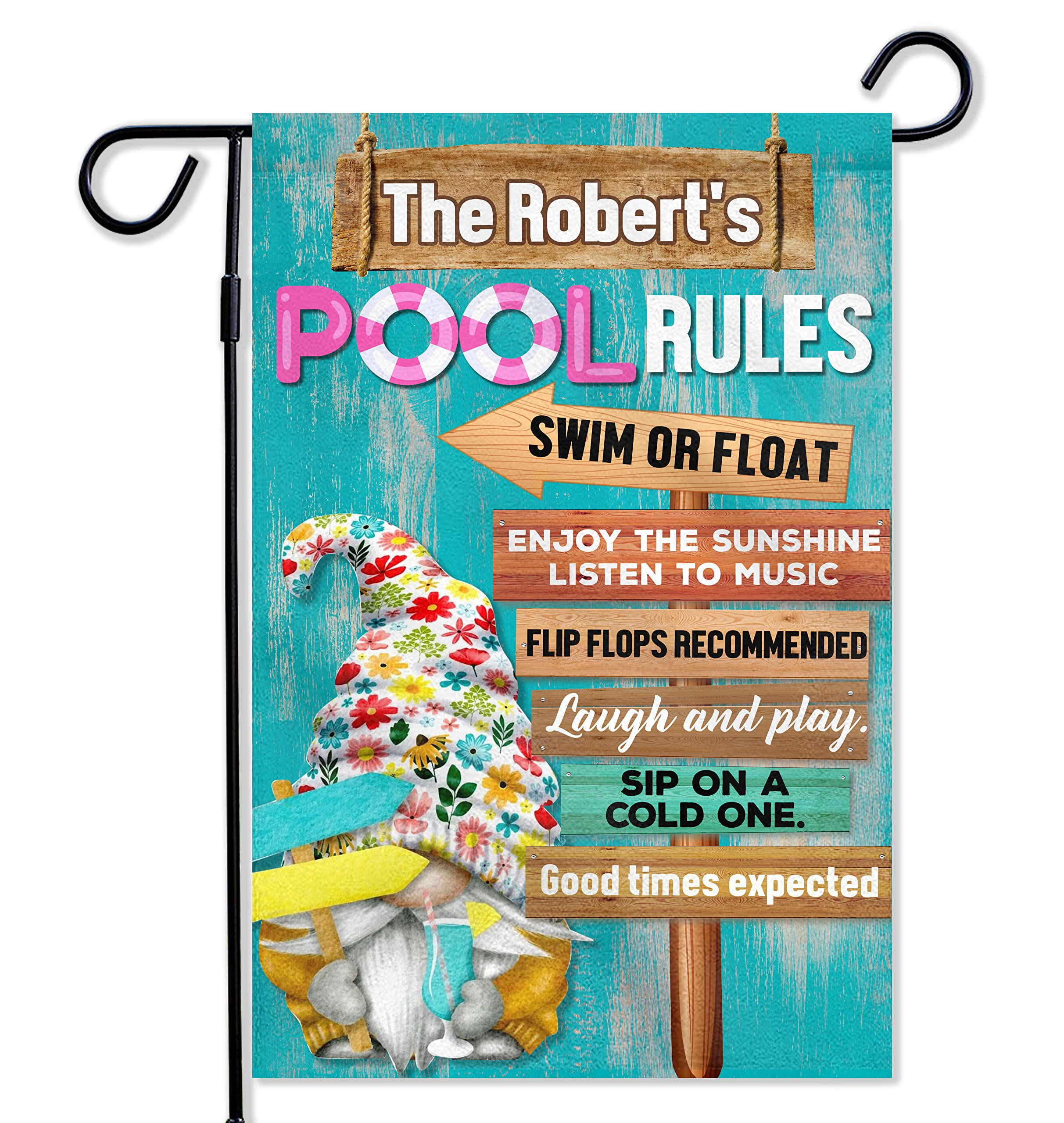 Personalized Summer Pool Rules Garden Flag - Double Sided 12x18 Inch Swimming Pool Banner with Beachy Design, Perfect for Beach House Decor, Backyard Parties & Outdoor Poolside Decoration | Durable Vertical Yard Flag with Fun Pool Gnome Signs