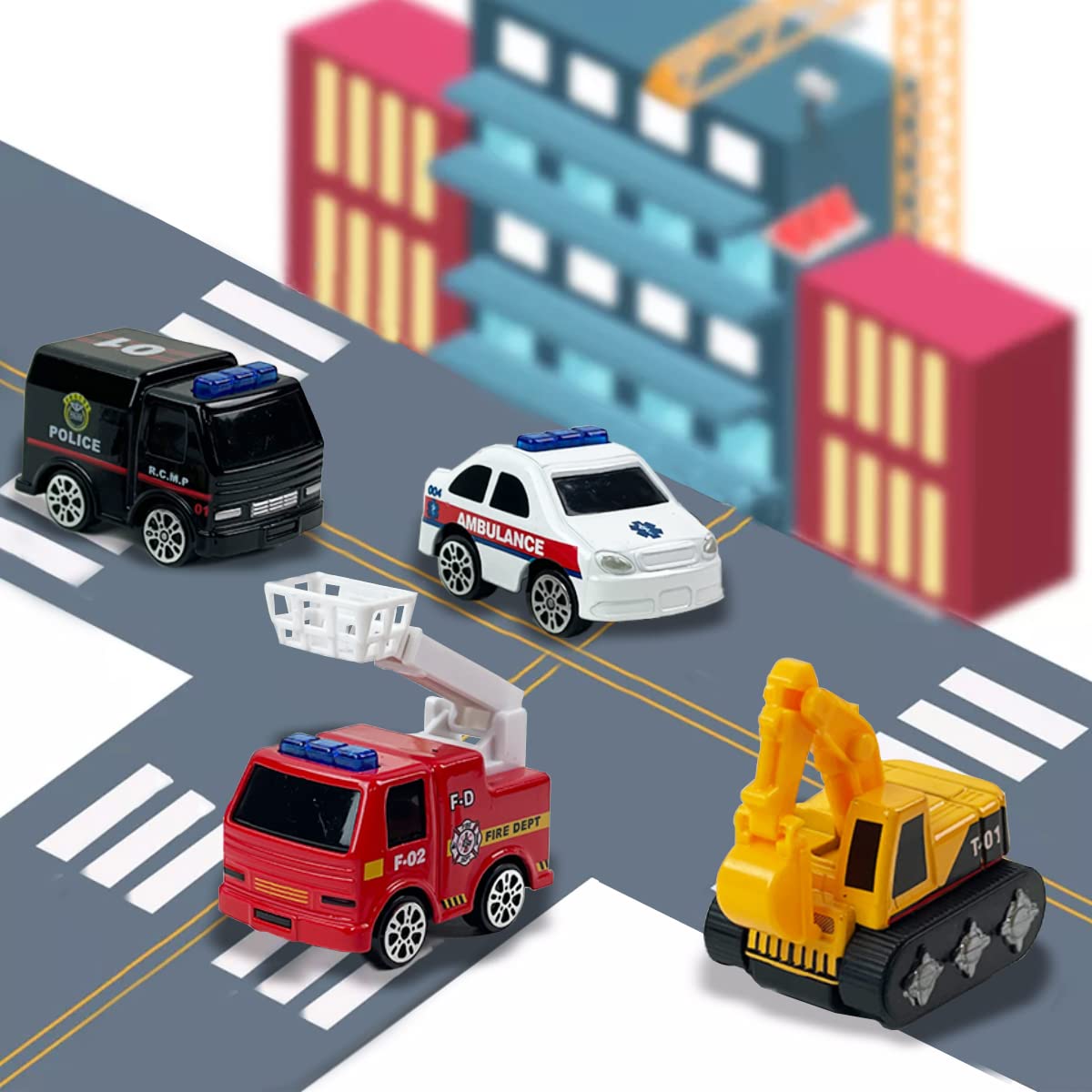 16-Piece Diecast Metal Toy Car Set with Police, Construction, Ambulance & Firetruck Vehicles - Durable Mini Trucks in 4 Storage Tubes - Perfect Gift for Kids, Birthday Party Favors & Pretend Play - Great for Home, School & Travel Playtime