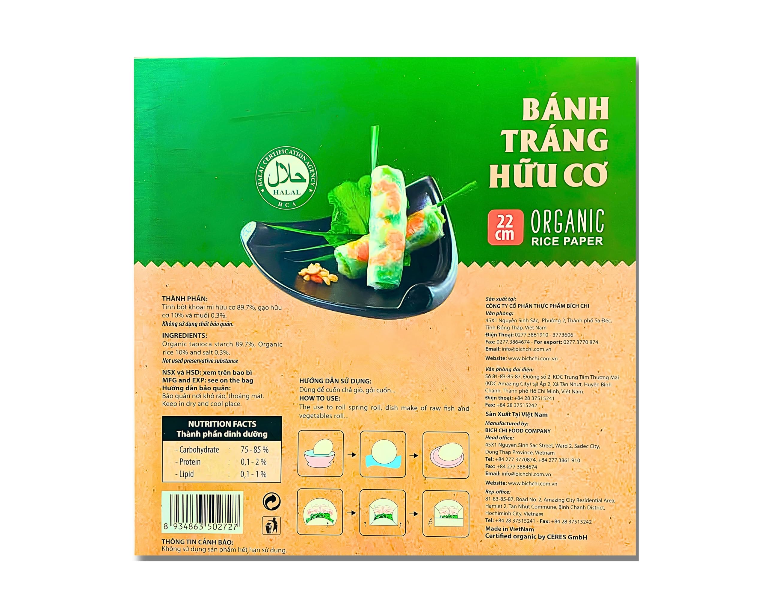 Authentic Vietnamese Organic Rice Paper Wrappers (22cm, 7oz) - USDA Organic, Non-GMO, Gluten-Free, Vegan & Halal Certified for Fresh Spring Rolls, Dumplings & Crispy Rice Paper Rolls | Perfect for Healthy Meals, Party Appetizers & Asian Cuisine