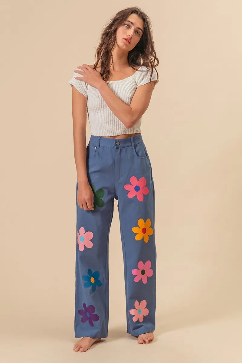 BiBi Floral Print Straight Leg Pants for Women - Casual & Comfortable Trousers for Everyday Wear, Office, and Outings