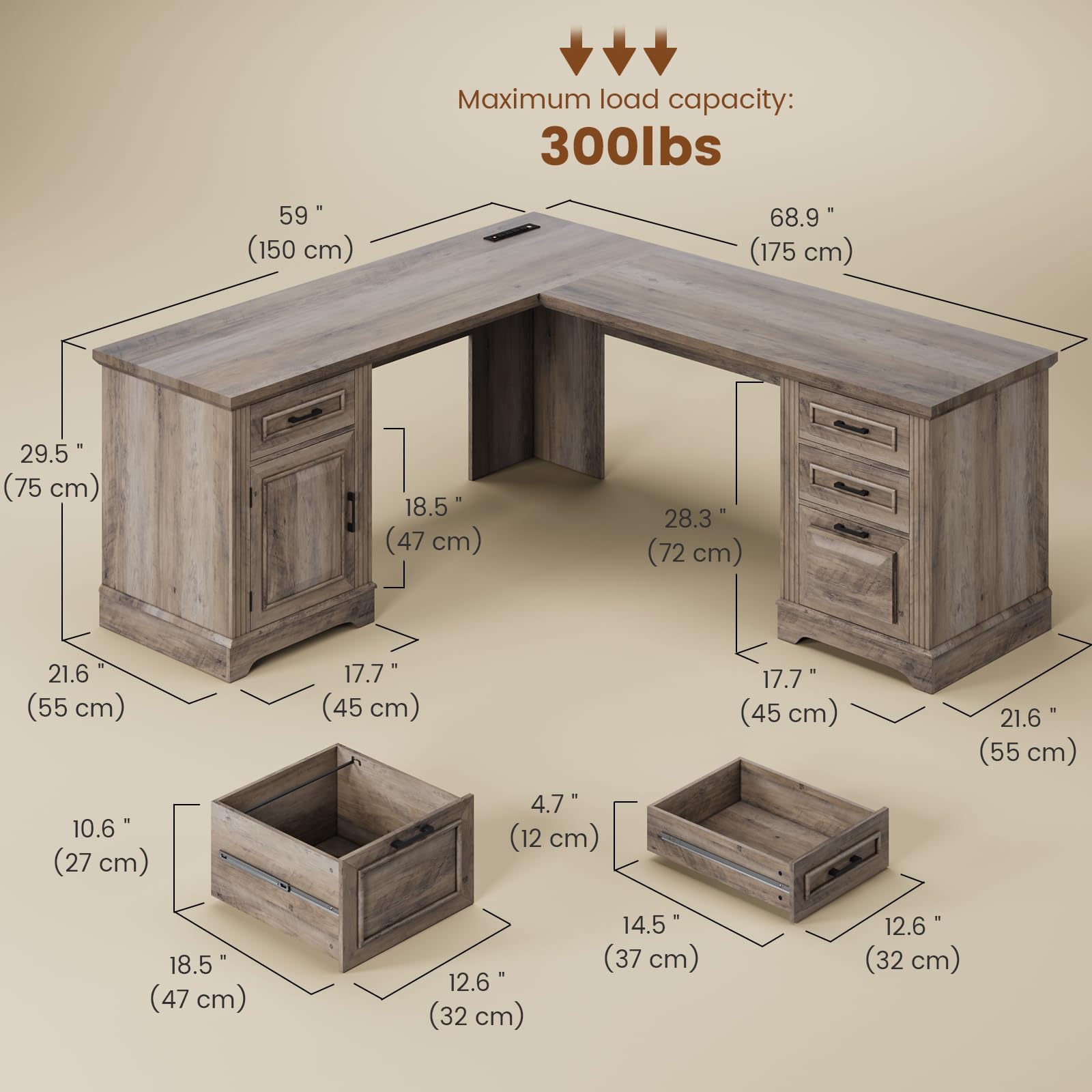Itaar Farmhouse L-Shaped Desk with Storage - Home Office Computer Desk with Drawers, File Cabinet & Power Outlet - Grey Corner Workstation for Small Spaces & Home Offices | Perfect for Remote Work, Gaming Setup & Study Areas