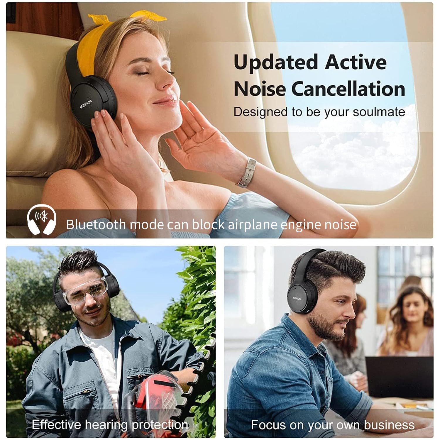 RUNOLIM Hybrid Active Noise Cancelling Wireless Over-Ear Bluetooth Headphones with Microphone - 70H Playtime, Foldable Design, HiFi Audio & Deep Bass - Perfect for Home, Travel, Office & Commuting