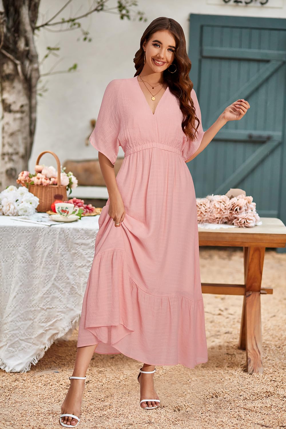 STYLEWORD Women's 2025 Summer Maternity Dress - Short Sleeve V-Neck Tiered Boho Maxi Dress with Flowy Design for Pregnancy Comfort | Perfect for Beach Vacation, Baby Shower & Casual Outings
