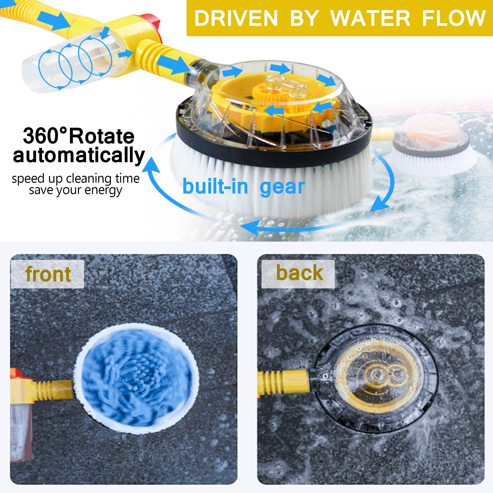 360 Spin Car Wash Brush with Soap Dispenser & Hose Attachment - Soft Bristle Cleaning Brush Mop for Cars, Trucks, SUVs - Long Handle Flow Through Wash Kit (Yellow) - Perfect for Driveway Washing & Auto Detailing