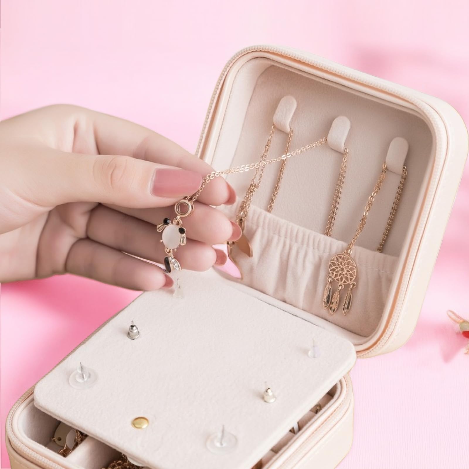 Pink Travel Jewelry Box Organizer for Women - Portable Jewelry Case with Compartments for Necklaces, Rings & Earrings - Perfect for Vacation, Business Trips & Daily Storage