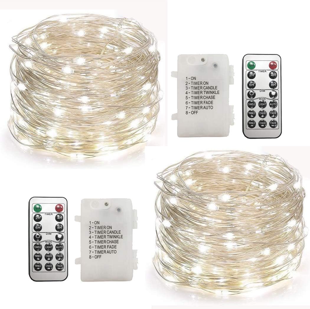 2 Pack 20ft Cool White LED Fairy Lights - Battery Operated with Remote & Timer, Waterproof Silver Copper Wire Twinkle String Lights for Party, Bedroom, Wedding, Christmas Decor - Indoor/Outdoor Holiday Lighting