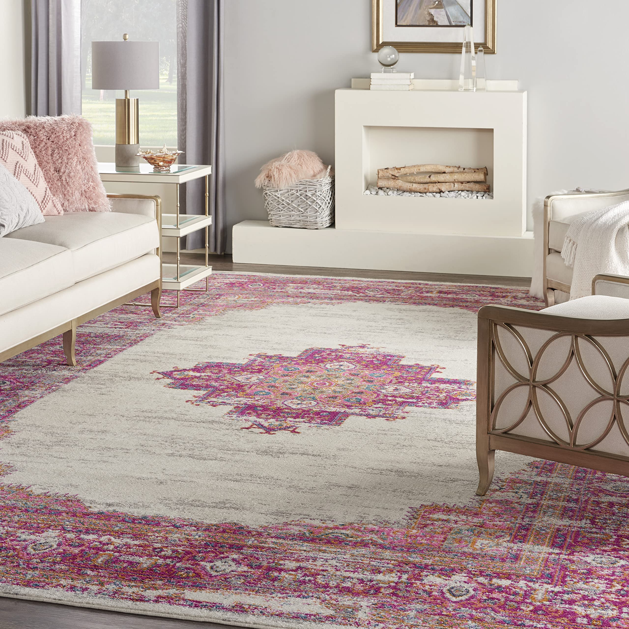 Nourison Passion Ivory/Fuchsia 12' x 15' Area Rug - Boho Traditional Design, Easy Cleaning, Non-Shedding - Perfect for Bedroom, Living Room & Hallway (12x15) | Cozy Home Decor & Floor Protection