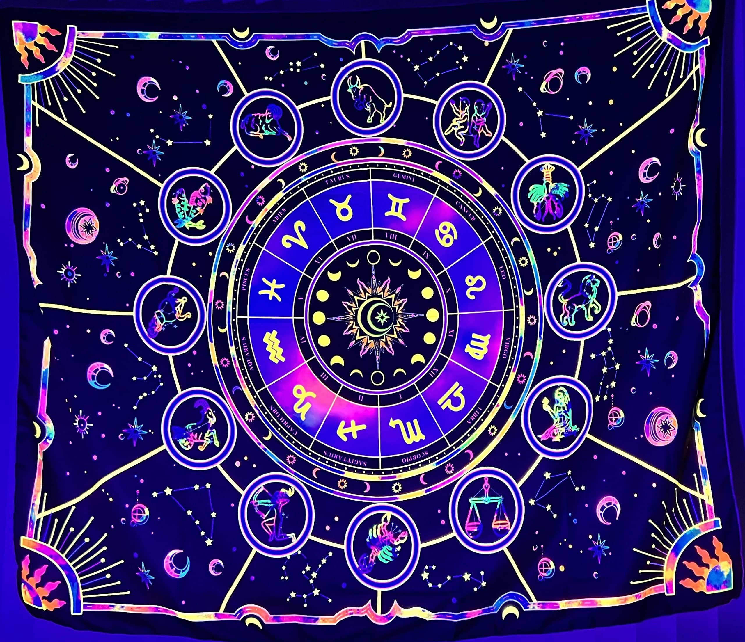 UV Reactive Zodiac Tapestry - Glow in Dark Constellation Wall Hanging for Bedroom Decor