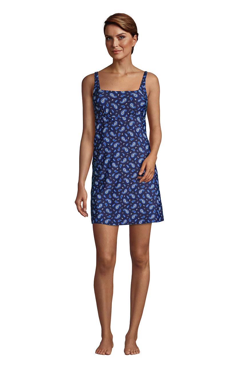 Lands' End Women's Chlorine Resistant Tummy Control Square Neck One Piece Swimsuit with Shorts - Swim Dress for Beach, Pool & Vacation