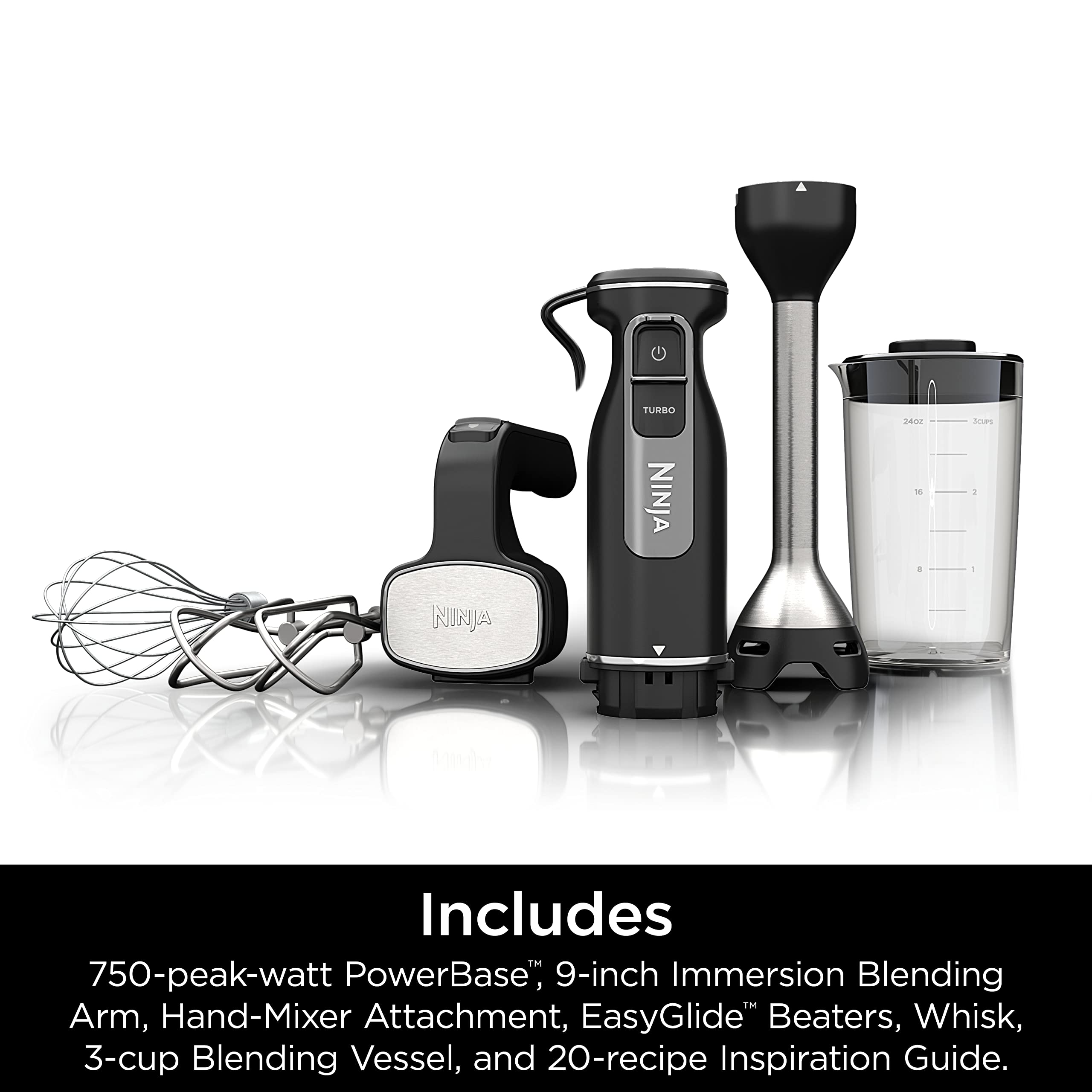 Ninja Foodi Power Mixer System - 750W Handheld Immersion Blender & Electric Hand Mixer Combo with Whisk, Beaters & 3-Cup Blending Vessel (120V, Black) - Perfect for Smoothies, Soups, Baking & Kitchen Prep