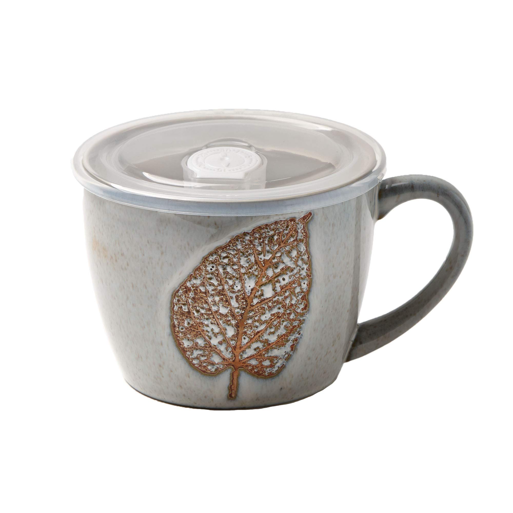 Stoneware Soup Mug with Plastic Steam-Release Lid - Wax Resist Leaf Design in Grey - Perfect for Hot Soups, Stews & Comfort Food at Home or Office