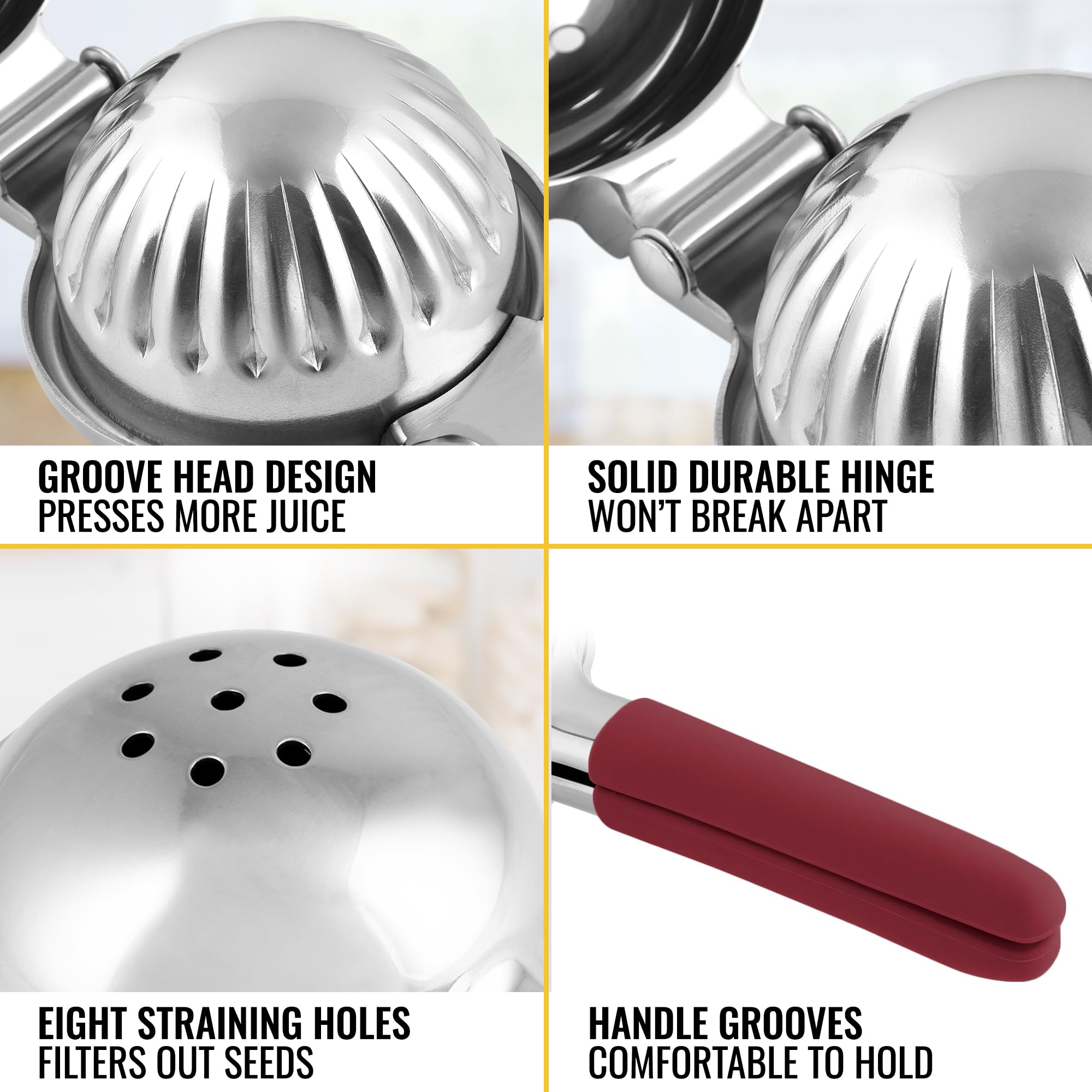 Premium Stainless Steel Lemon Squeezer - Heavy Duty Manual Citrus Juicer with Solid Metal Bowl & Food Grade Silicone Handles - Large Lime & Orange Press (Cranberry) - Perfect for Fresh Juice, Cocktails, Baking & Healthy Drinks
