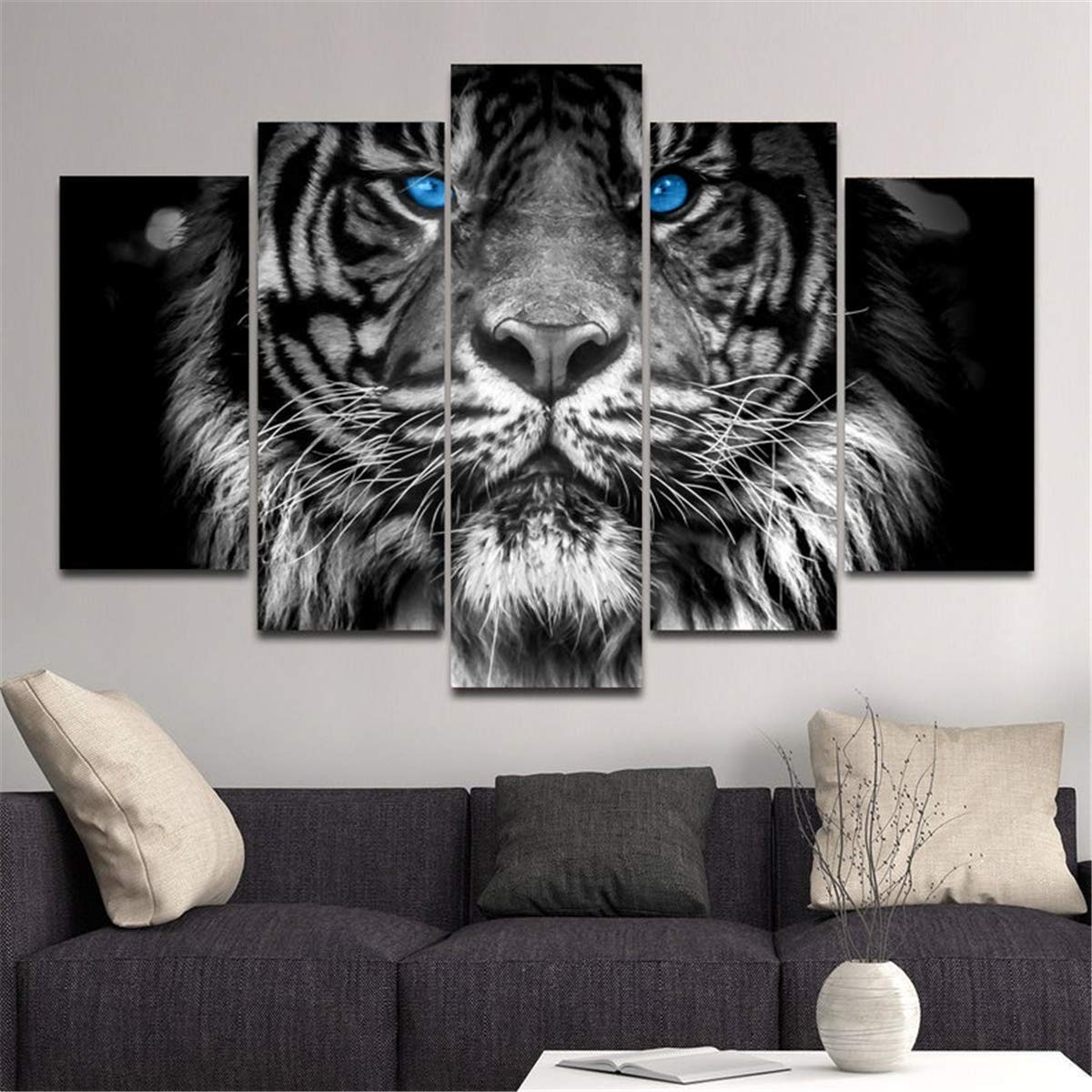 Blue Eyed Tiger Canvas Wall Art - 5 Panel Black & White Animal Painting for Home Decor - Stretched & Framed Ready to Hang (40x22 Inches) - Perfect for Living Room, Bedroom, Office & Gift for Tiger Lovers