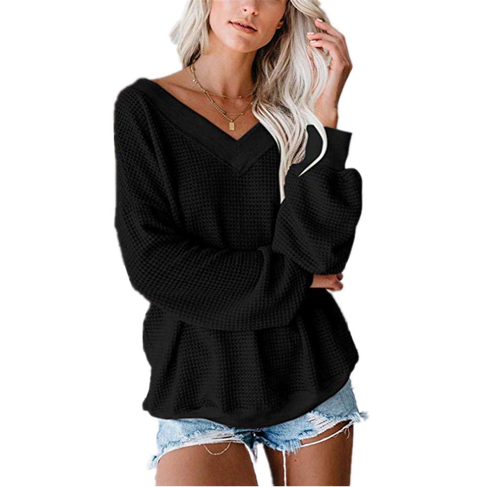Anoir Women's V Neck Long Sleeve Waffle Knit Pullover Sweater - Off Shoulder Casual Top for Fall & Winter, Perfect for Office, Date Night and Coffee Dates