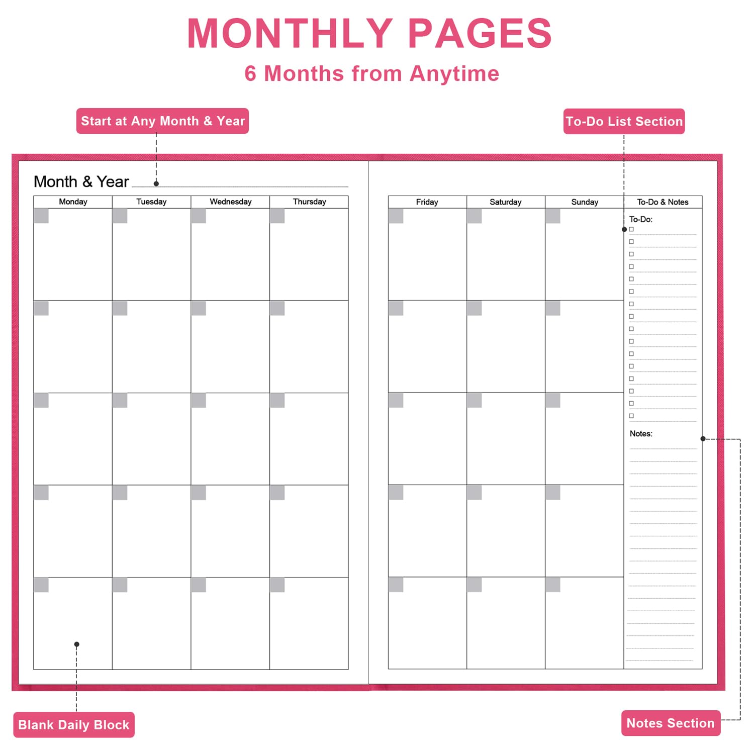 2025 ADHD Daily & Monthly Planner - Undated Two Pages Per Day for Focus & Goal Achievement, 5.8''×8.3'' Pink Planner for Students & Professionals - Perfect for Time Management, Productivity & Stress Reduction