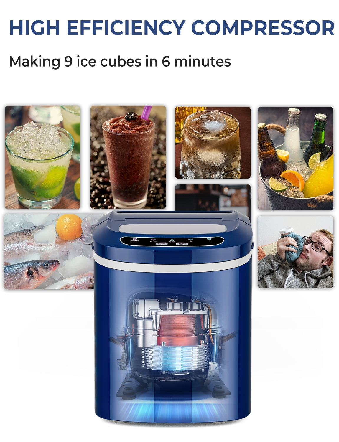 Mini Portable Compact Electric Ice Maker Machine - Fast 26lbs/24H, Quiet Operation, Perfect for Home, Office, RV & Parties - Navy Blue