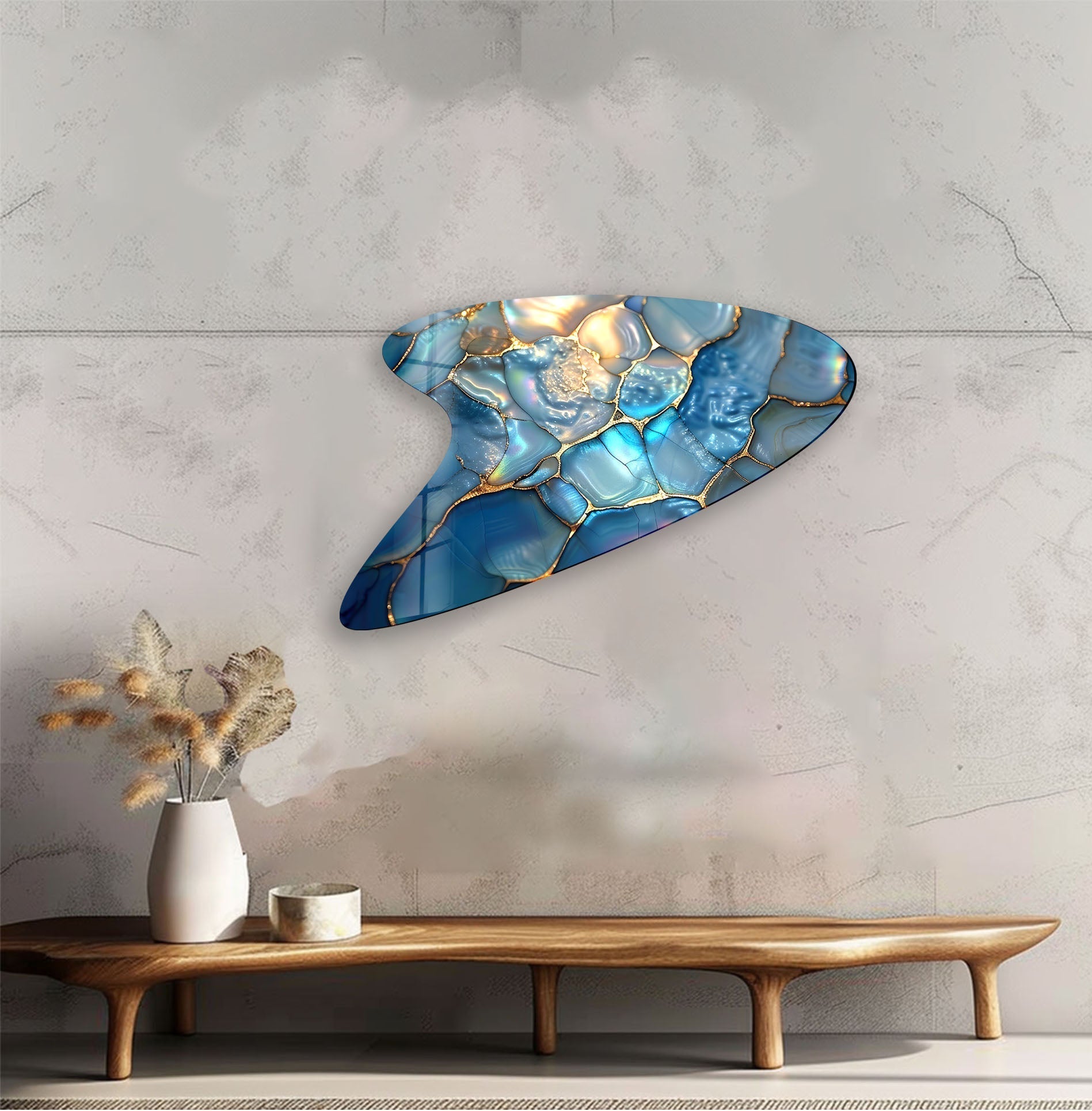 Abstract Blue Marbled Glass Wall Art - Modern Handmade Home Decor for Living Room, Bedroom & Office - Unique Textured Glass Panel for Contemporary Interior Design