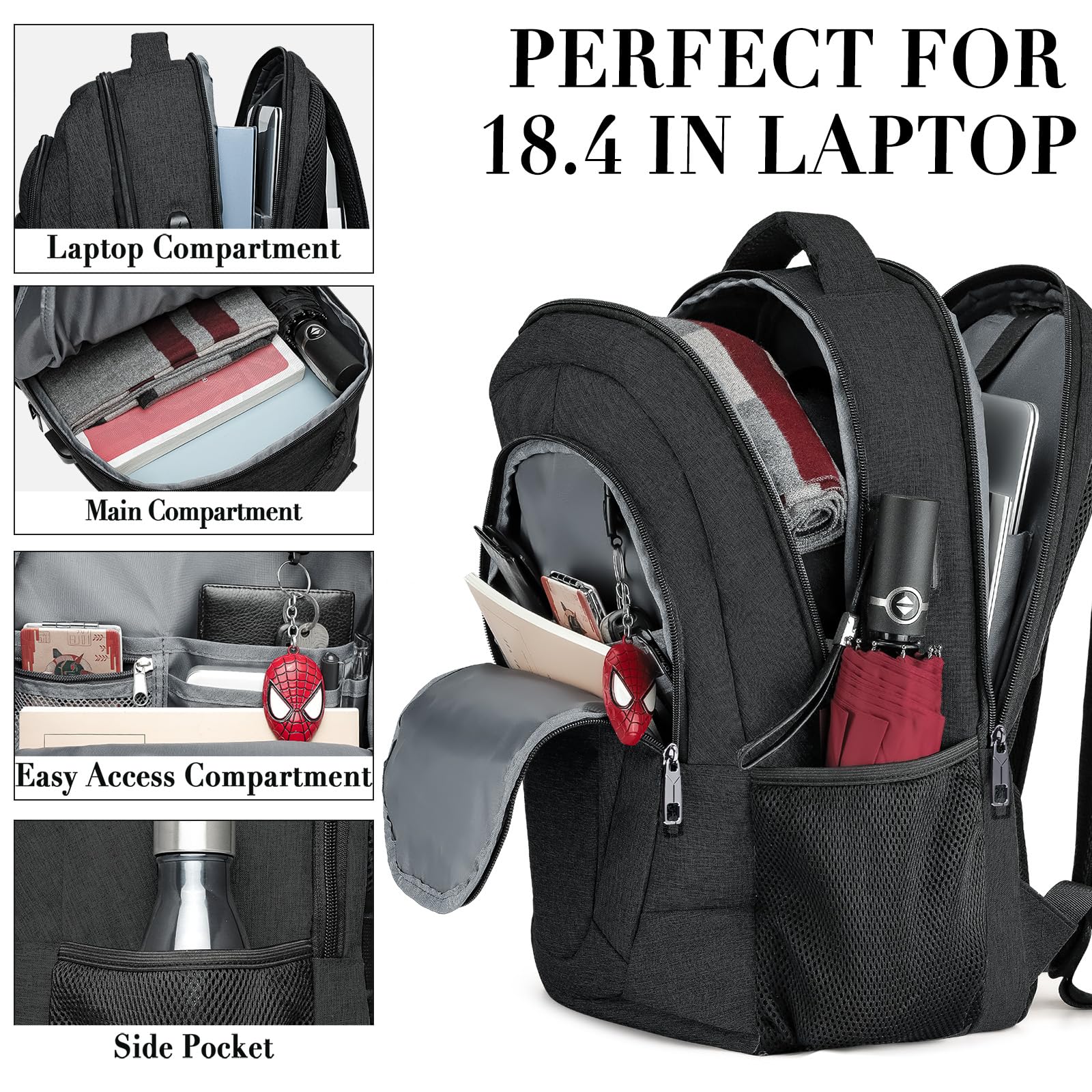 BIKROD 45L Extra Large Travel Laptop Backpack for Men & Women - USB Charging Port, Fits 18.4 Inch Laptop, Water Resistant Carry On Backpack - Perfect for Business Trips, College & Airplane Travel (Black)