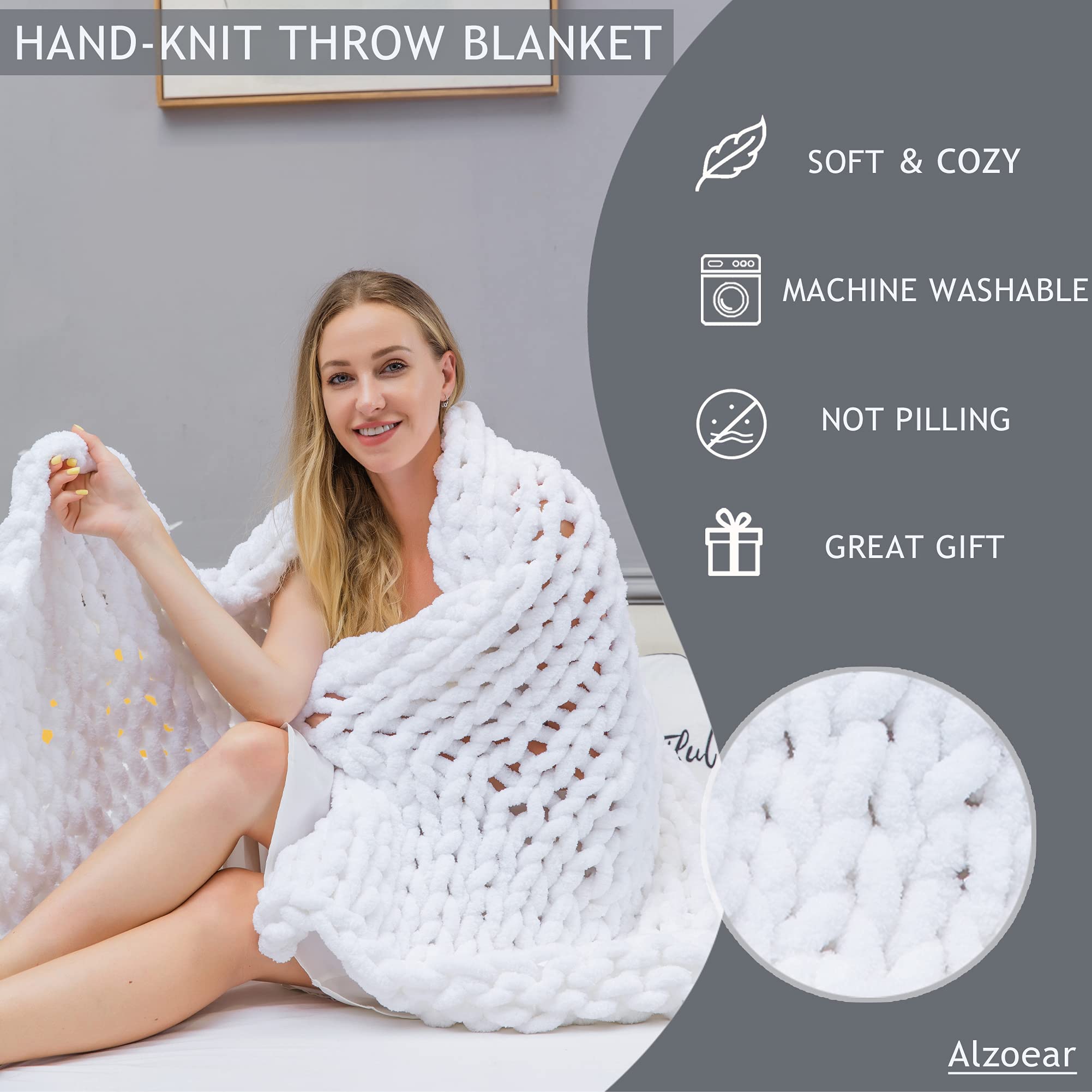 Alzoear Chunky Knit Throw Blanket - Soft Chenille Handmade Cozy Warm Blanket for Sofa, Bed, Couch & Home Decor (White, 50x60 Inches) - Perfect for Winter Nights, Movie Time & Cozy Home Ambience