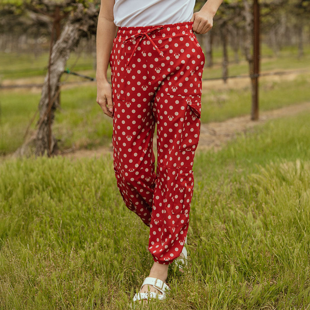 Disney Minnie Mouse Red Polka Dot Cargo Joggers Pants for Women - Casual Lounge Wear, Theme Park Outfits & Cosplay Costume