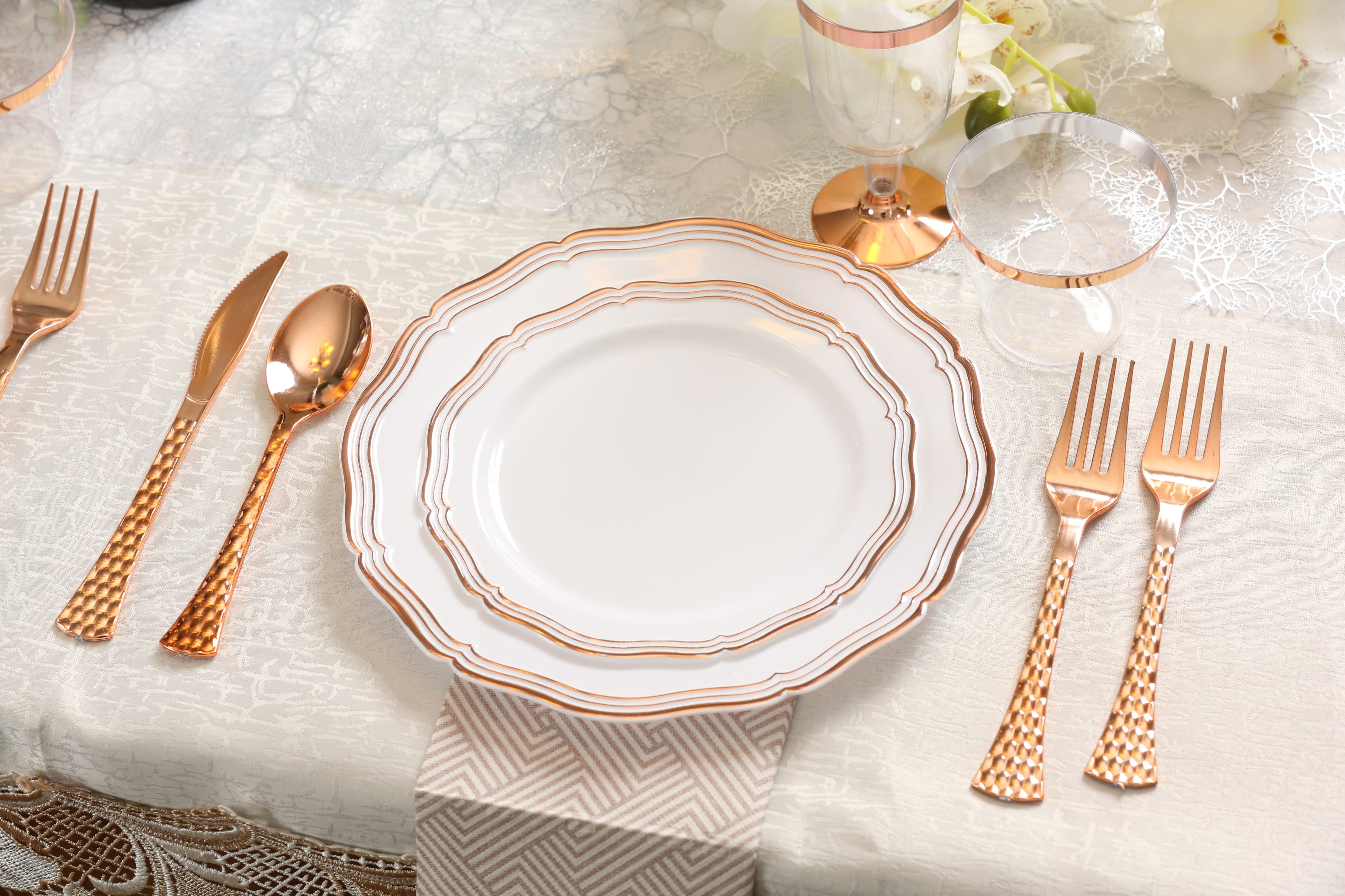 10-Pack Rose Gold & White Round Plastic Plates - Elegant Disposable Tableware for Parties, Weddings, and Events - Aristocrat Collection