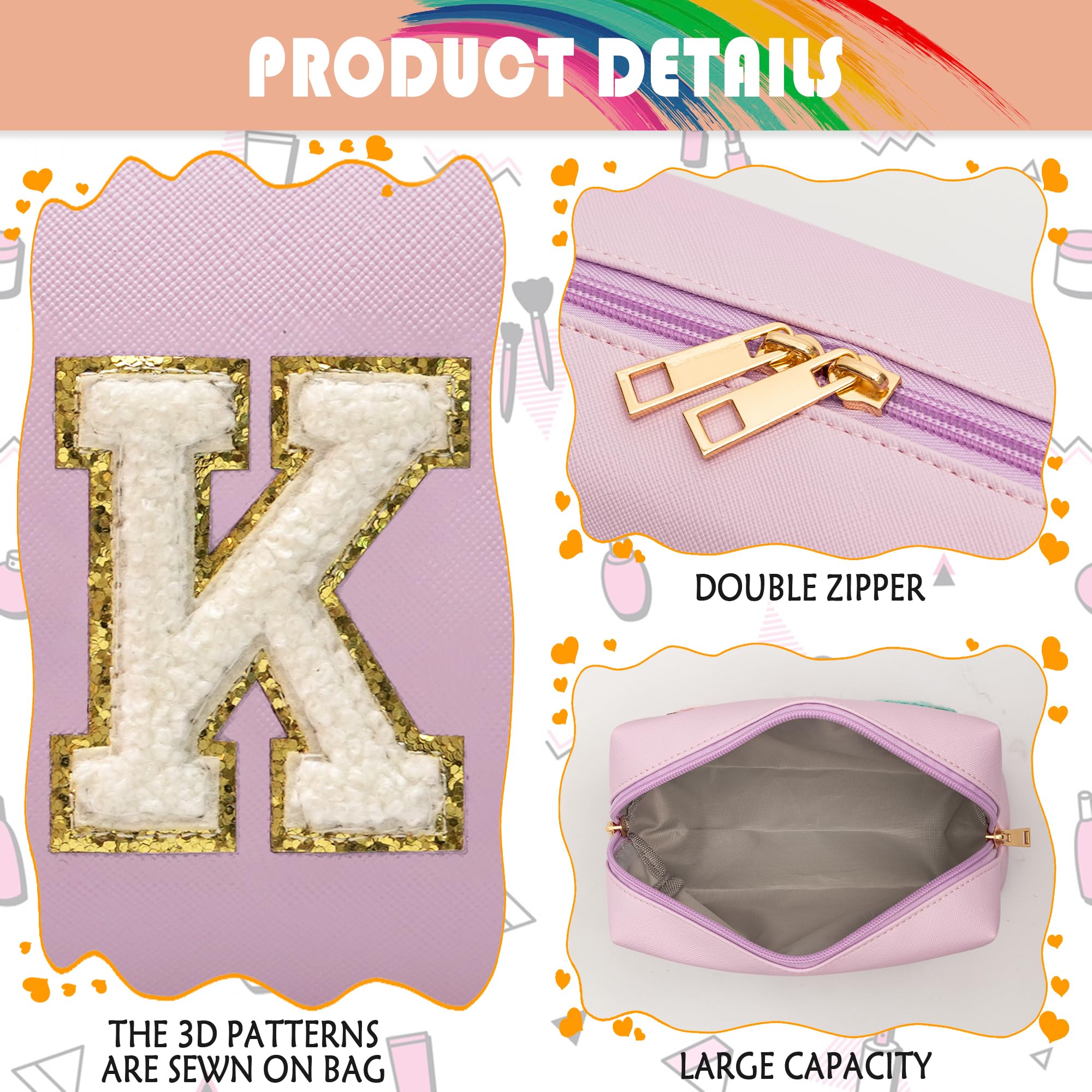 Preppy Monogram Initial K Pink Makeup Bag - Waterproof PU Cosmetic Pouch for Skincare & Travel Organizer | Cute Birthday Gift for Women, Daughter, Mother | Perfect for Daily Use, Travel & Gym Essentials Storage