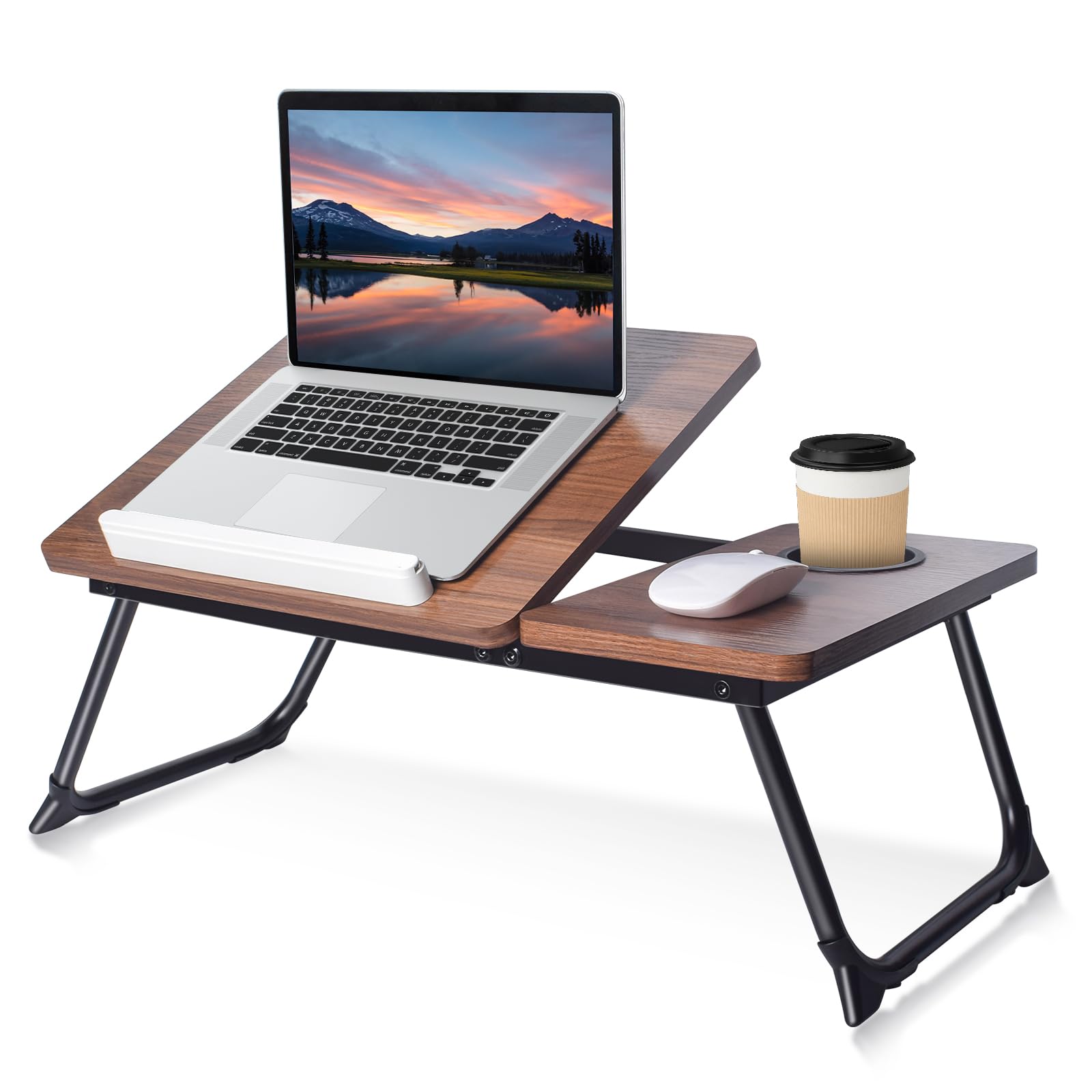 Adjustable Wooden Lap Desk for Bed & Sofa - Portable Laptop Tray with Built-in Cup Holder & Phone Slot - Perfect for Working, Reading, or Snacking in Bed, Couch, or Floor