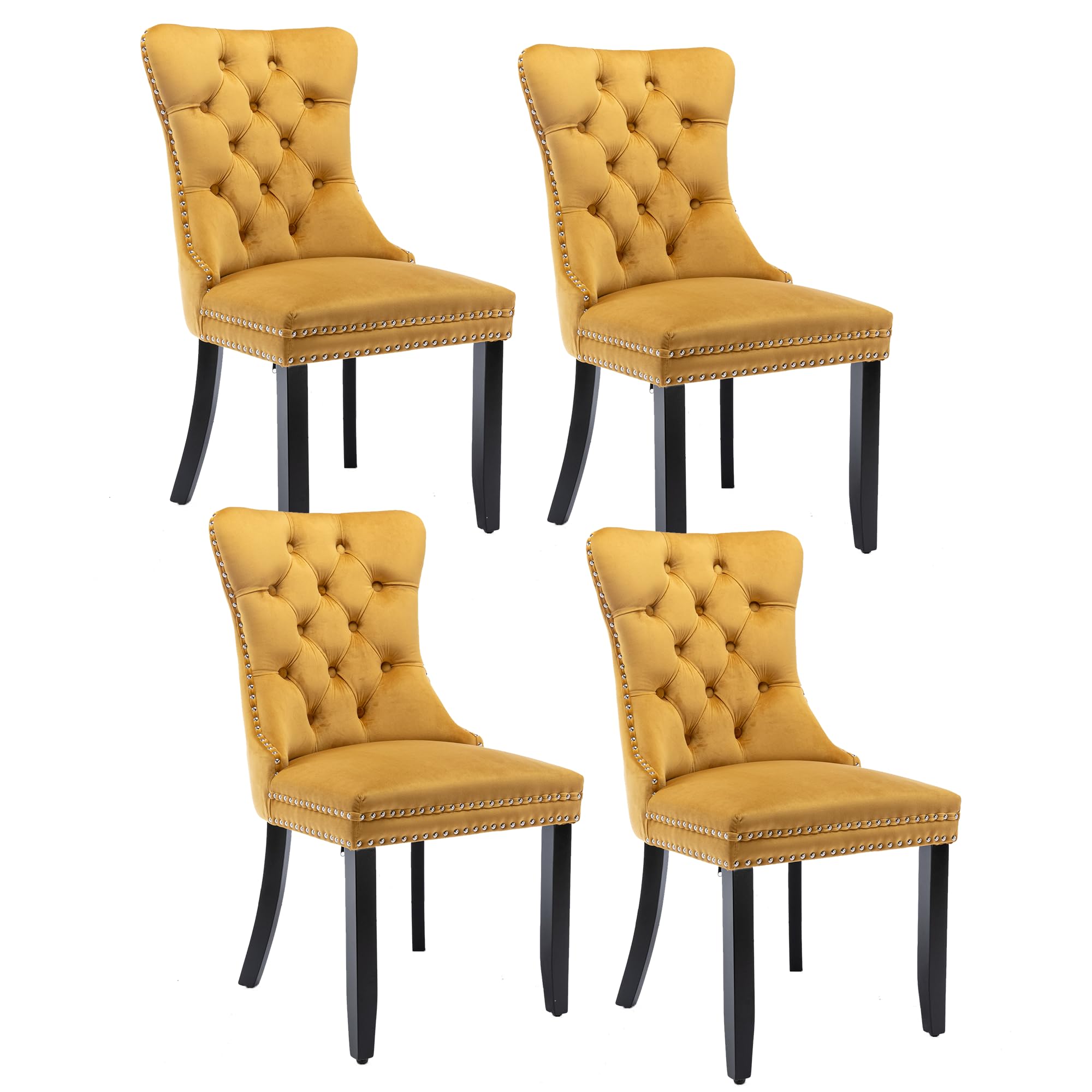 Luxury Velvet Dining Chairs Set of 4 - Tufted Back with Nailhead Trim & Ring Pull Details, Solid Rubberwood Legs, Armless Side Chairs for Kitchen, Dining Room, Home Decor (Gold) | Perfect for Modern Farmhouse, Apartment Dining, and Elegant Entertaining Spaces