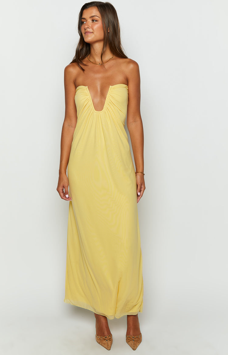 Braelyn Yellow Strapless Maxi Dress for Women - Summer Beach Wedding Party Cocktail Dress - Flowy Long Formal Evening Gown for Vacation, Date Night & Special Occasions