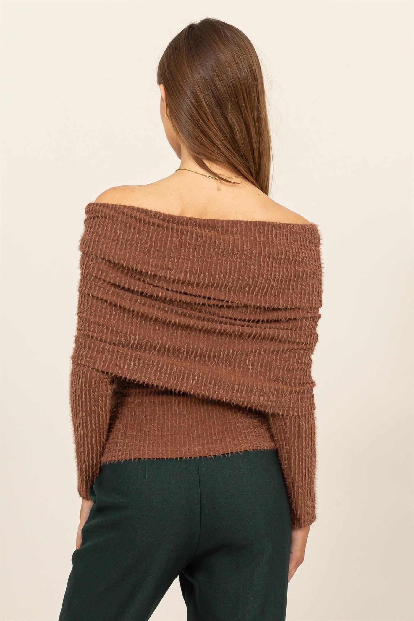Finley Brown Fuzzy Knit Top for Women - Soft Winter Sweater with Long Sleeves - Cozy Casual Pullover for Fall & Winter Outfits, Office Wear and Weekend Lounging