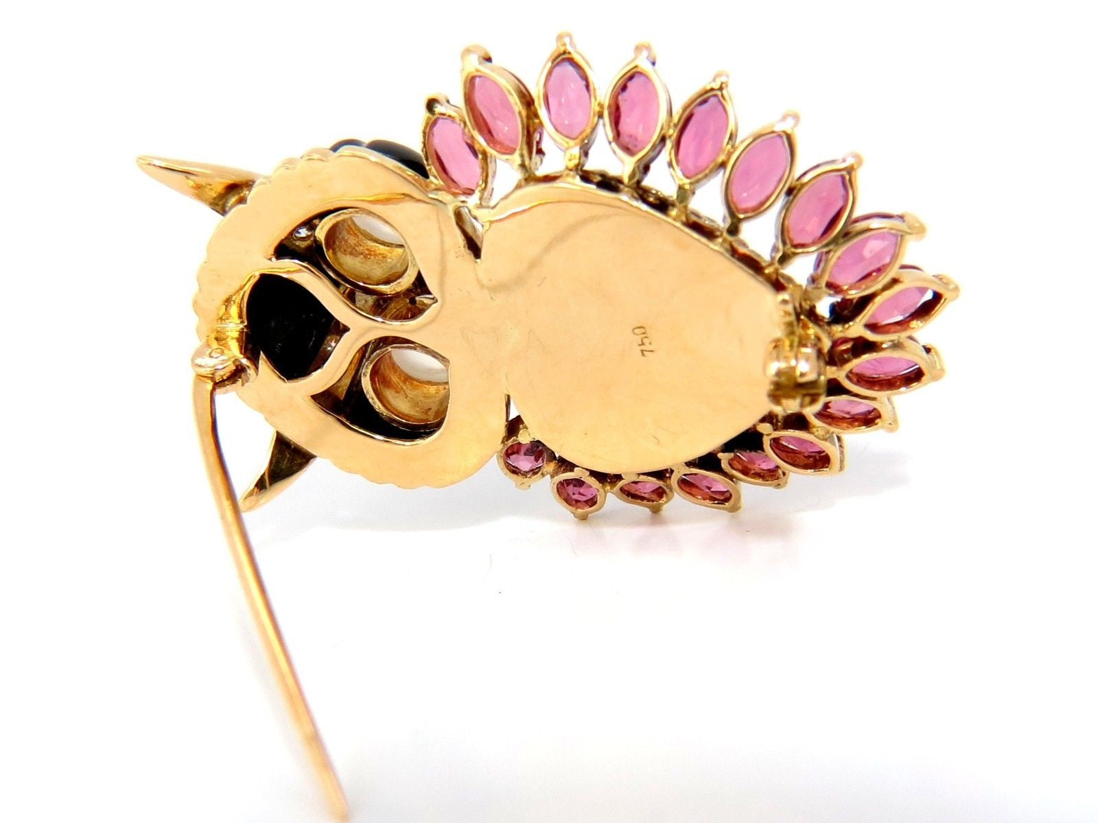 3.90CT Natural Tourmaline Diamonds Moonstone Black Onyx 3D Owl Brooch Pin 18KT Gold - Elegant Jewelry Gift for Women, Perfect for Weddings, Parties & Special Occasions