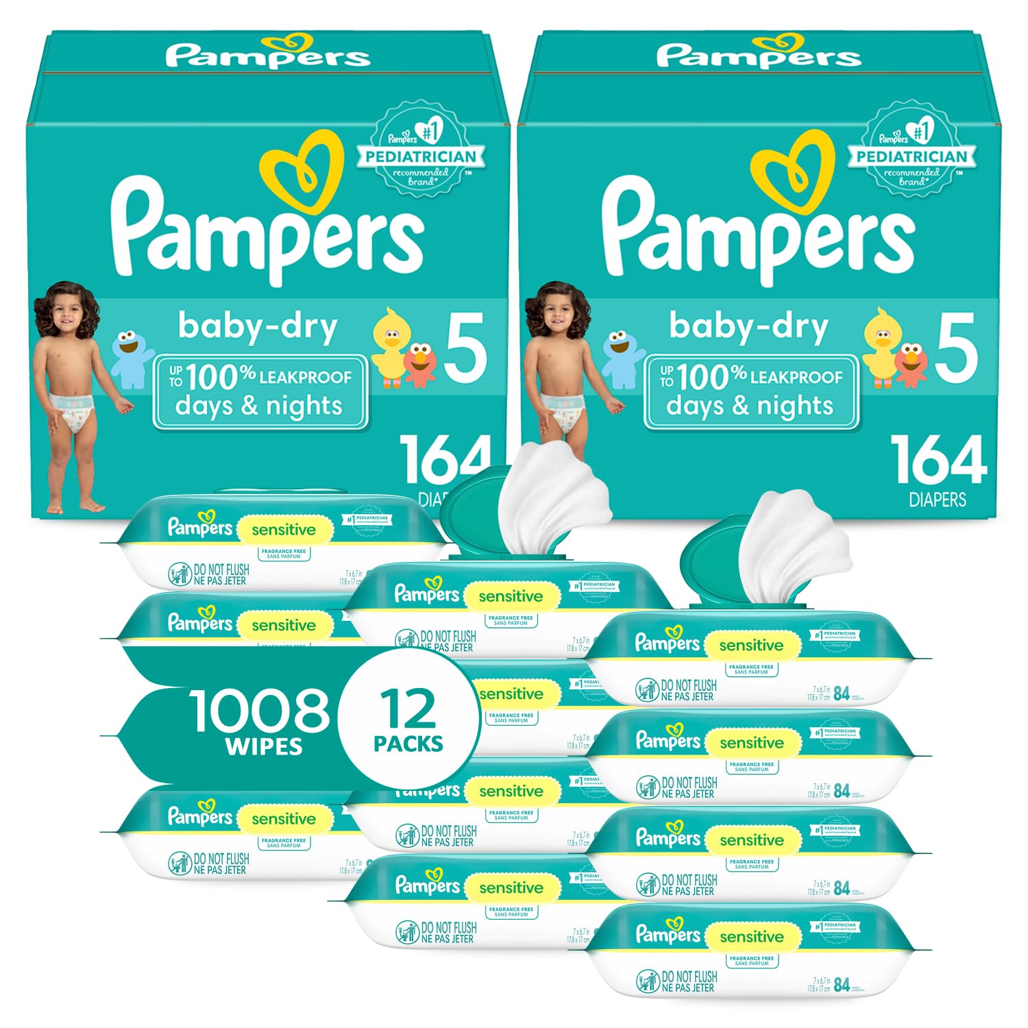 **Pampers Baby Dry Disposable Diapers Size 5 (2 x 164 Count) - 2 Month Supply with Sensitive Water-Based Baby Wipes 12X Multi-Pack (1008 Count) - Gentle for Overnight & Travel Use**