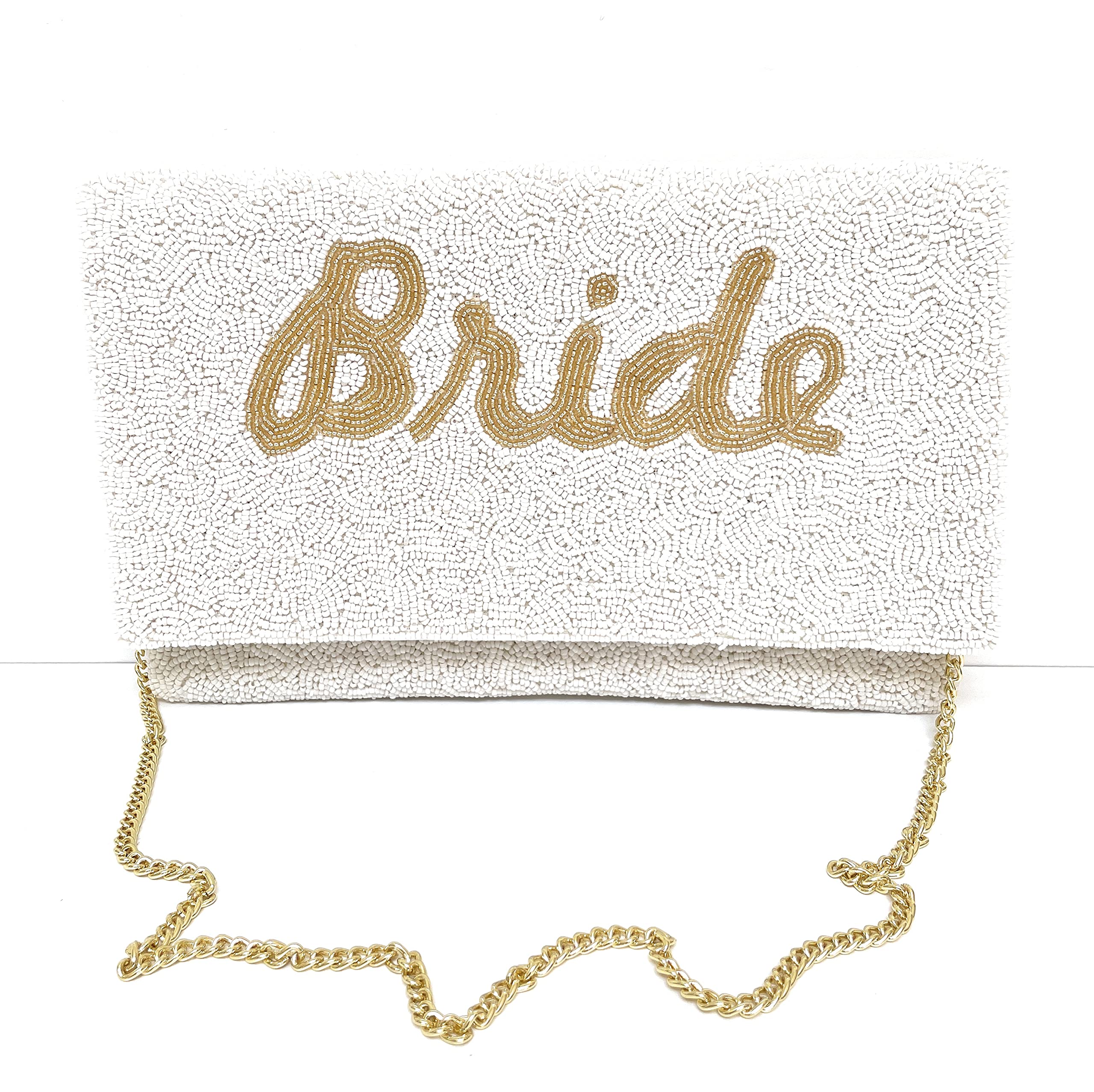 Elegant Gold Beaded Bride Clutch Purse - Perfect Wedding Gift for Bride, Bridal Shower, Engagement & Special Occasions - White Seed Beads Handbag for Bride to Be