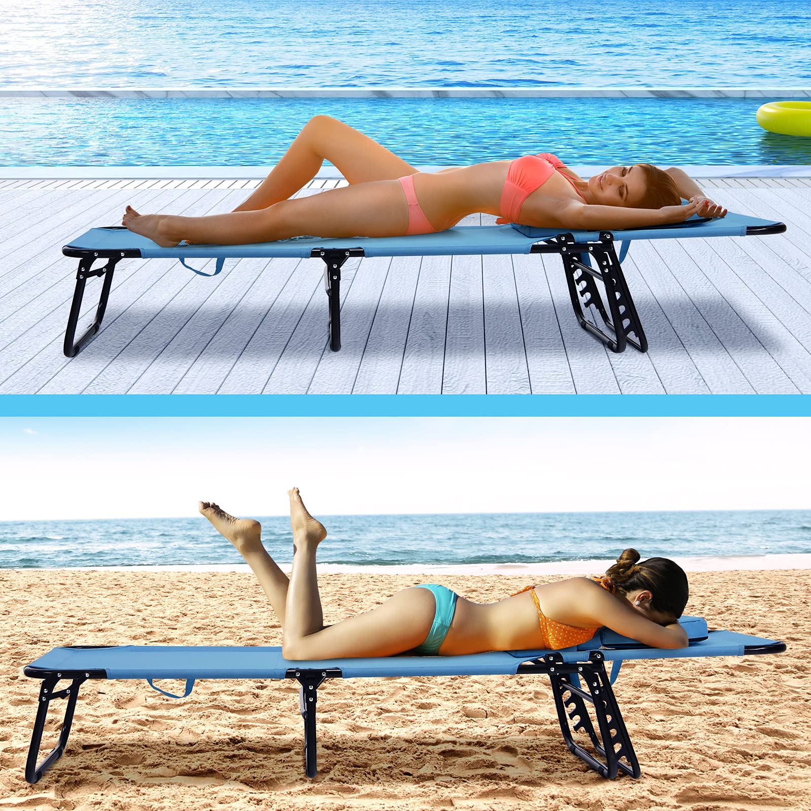 GYMAX Adjustable Folding Beach Lounge Chair - Portable Sunbathing Chair with Face Hole, Reclining Patio Chair for Poolside, Backyard & Outdoor Relaxation (2-Pack) | Perfect for Beach, Garden, Camping & Vacation Use