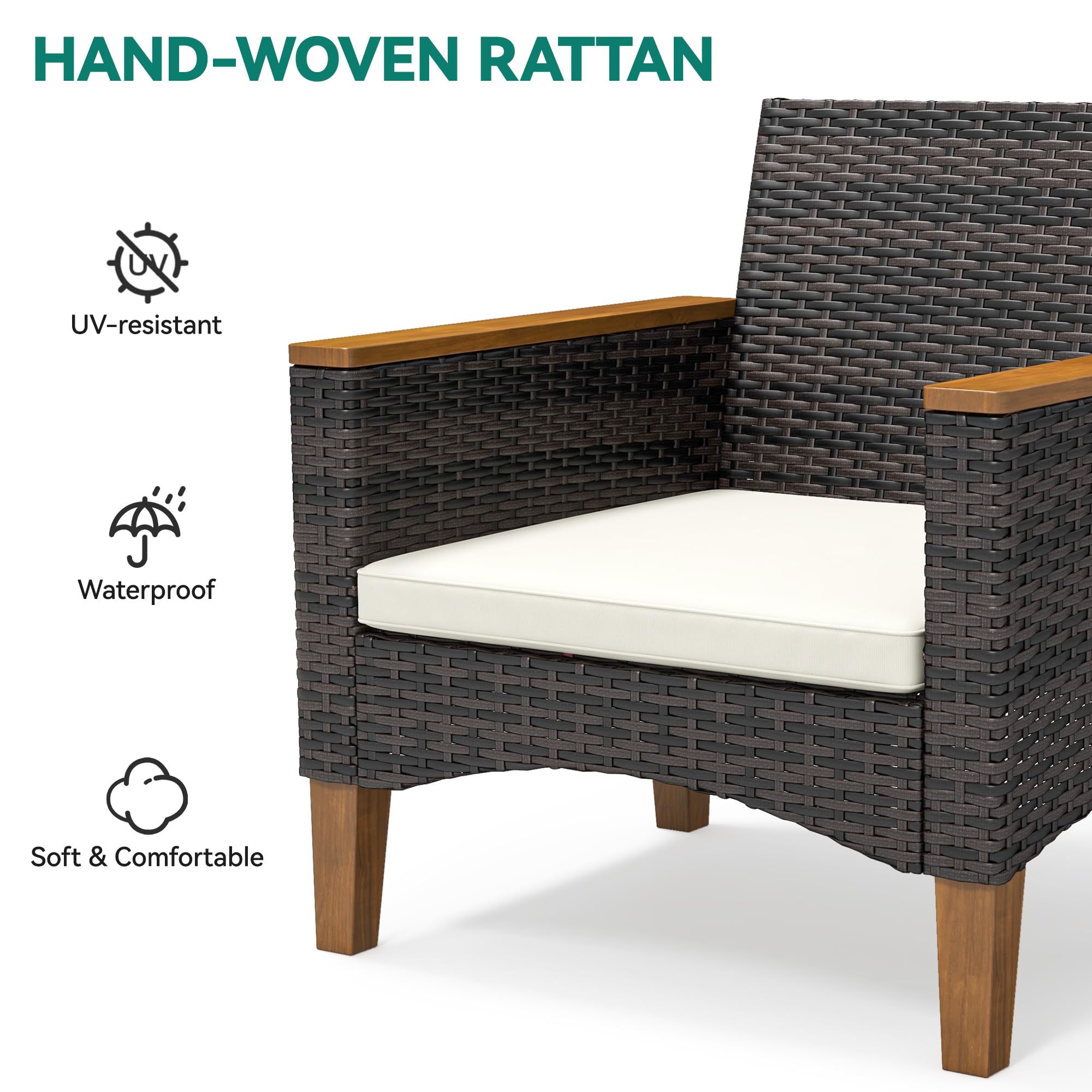 YITAHOME 4-Piece All-Weather Outdoor Patio Furniture Set - Wooden Armrest Rattan Wicker Conversation Set with Side Table, Cushions & Wooden Feet (Brown/Beige) - Perfect for Garden, Backyard, Poolside & Patio Relaxation