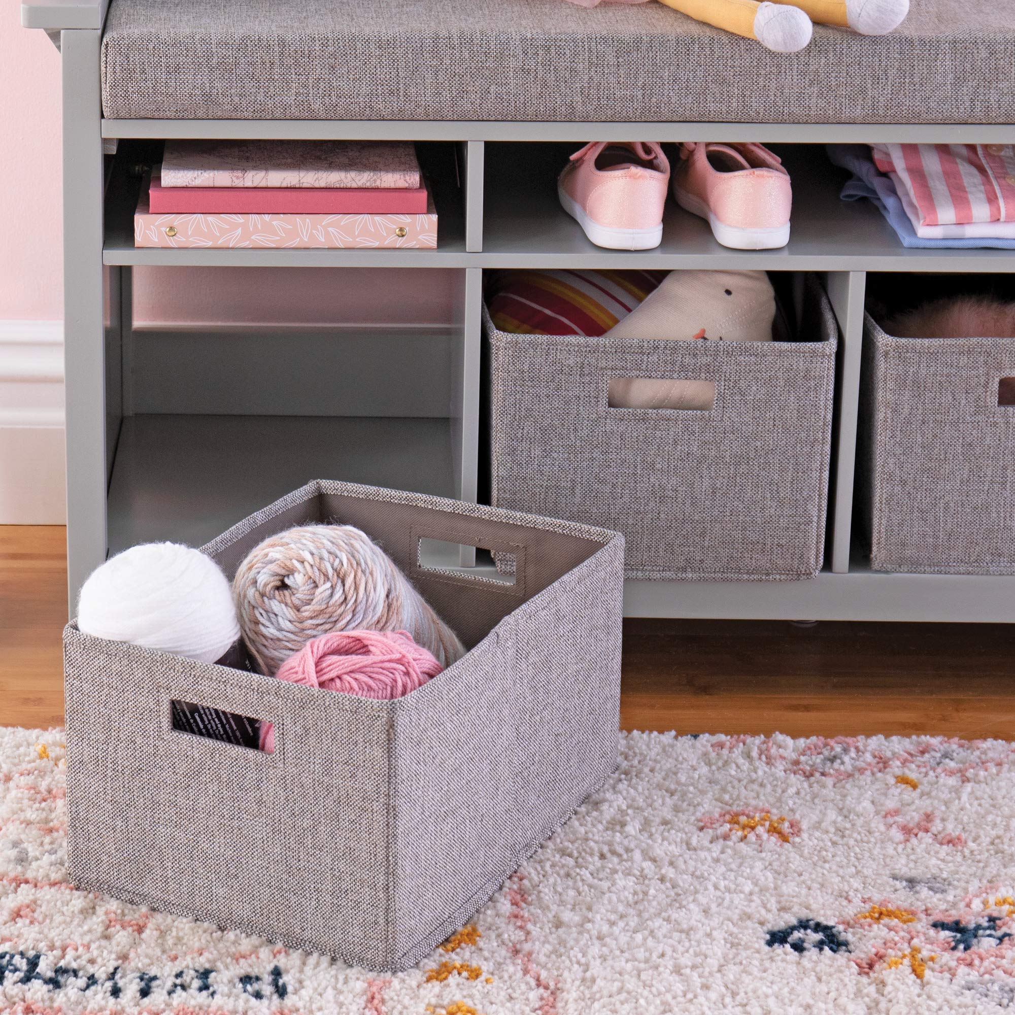 Martha Stewart Kids' Storage Bench in Gray - Wooden Toy Organizer & Book Shelf with Built-in Cushion & Fabric Bins - Perfect for Playroom, Bedroom & Nursery Organization