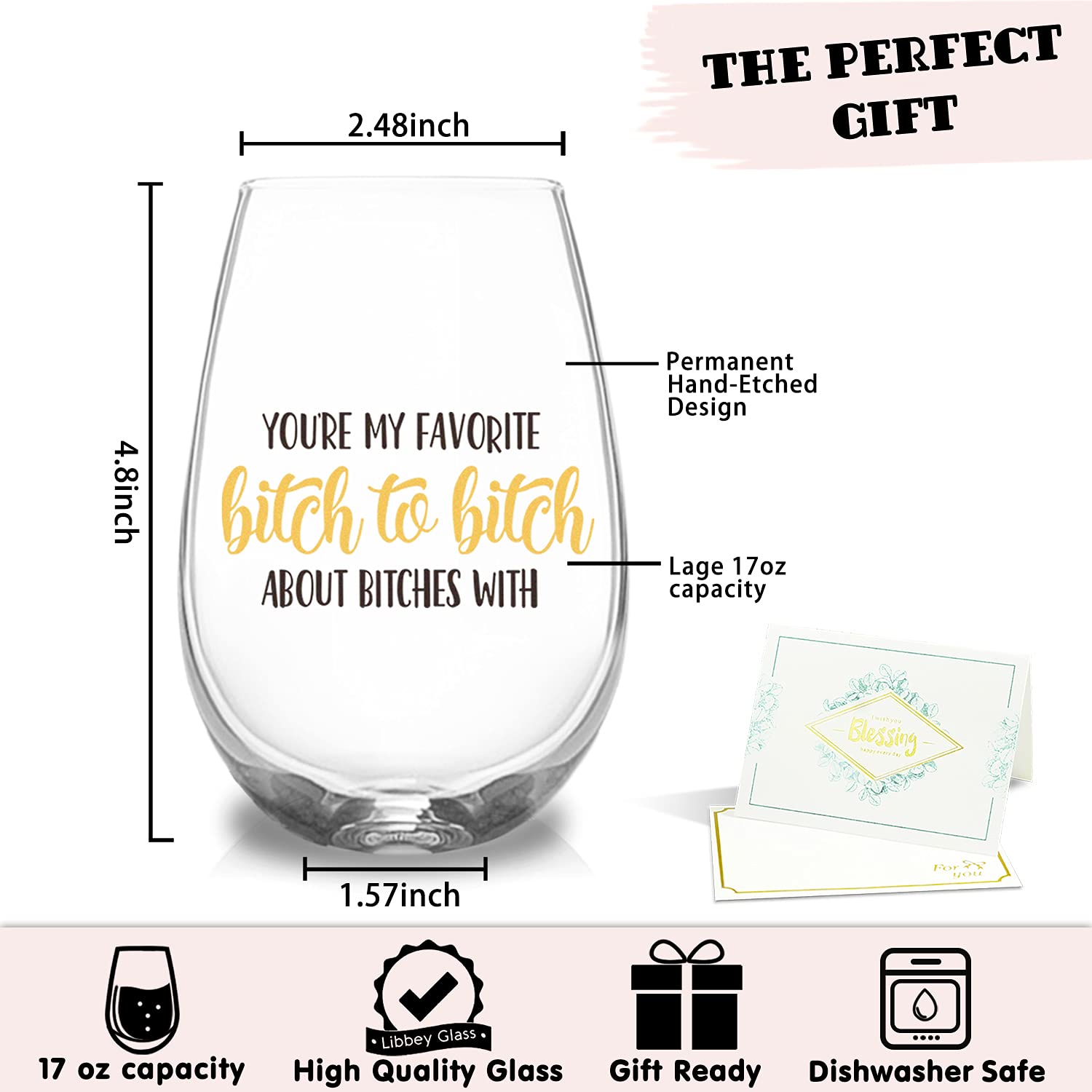Funny Wine Glasses for Women - 'You're My Favorite Bitch' Novelty Gift for Birthday, Christmas, Bachelorette Party - 17oz Stemless Glass for Sister, Wife, BFF, Coworkers - Perfect for Girls Night, Wine Tasting & Friendship Celebrations