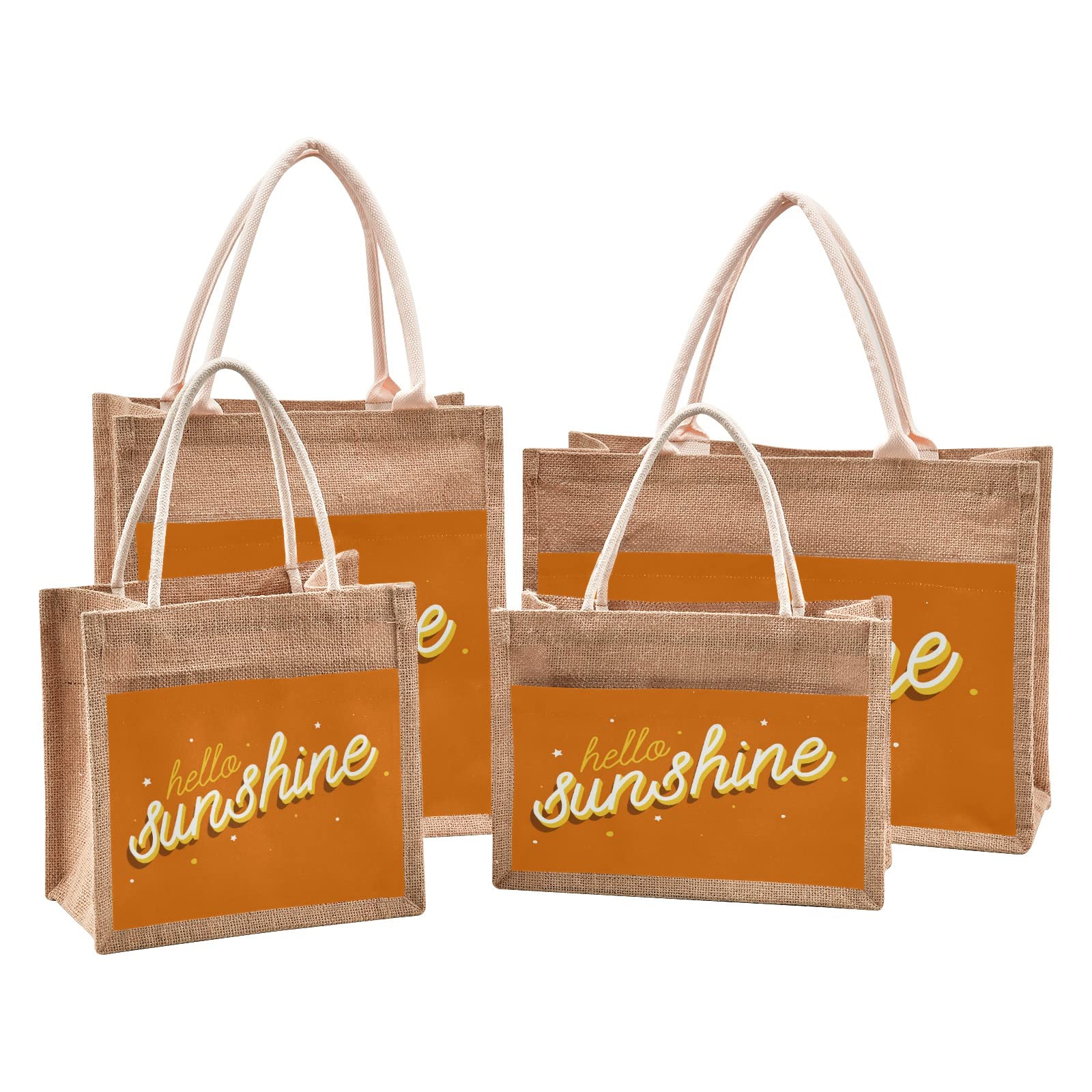 Linqin Hello Sunshine Orange Jute Tote Bag - Waterproof Burlap Straw Grocery Bag with Sturdy Handles for Shopping, Travel & Beach - Perfect for Farmers Market, Picnics and Summer Outings