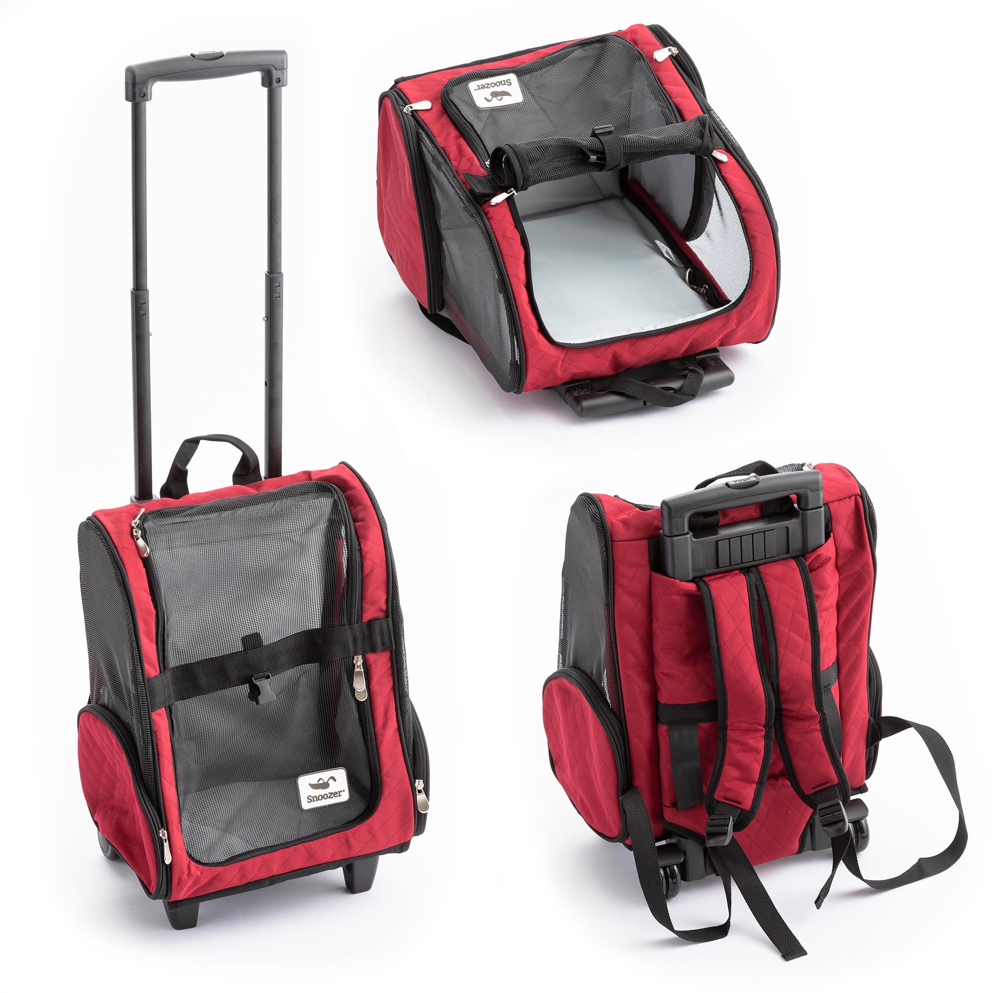 Snoozer 4-in-1 Roll Around Travel Pet Carrier Backpack with Wheels for Dogs & Cats Up to 15 Lbs - Convertible Pet Stroller & Travel Bag, Medium Size in Red & Black - Perfect for Air Travel, Road Trips & Outdoor Adventures